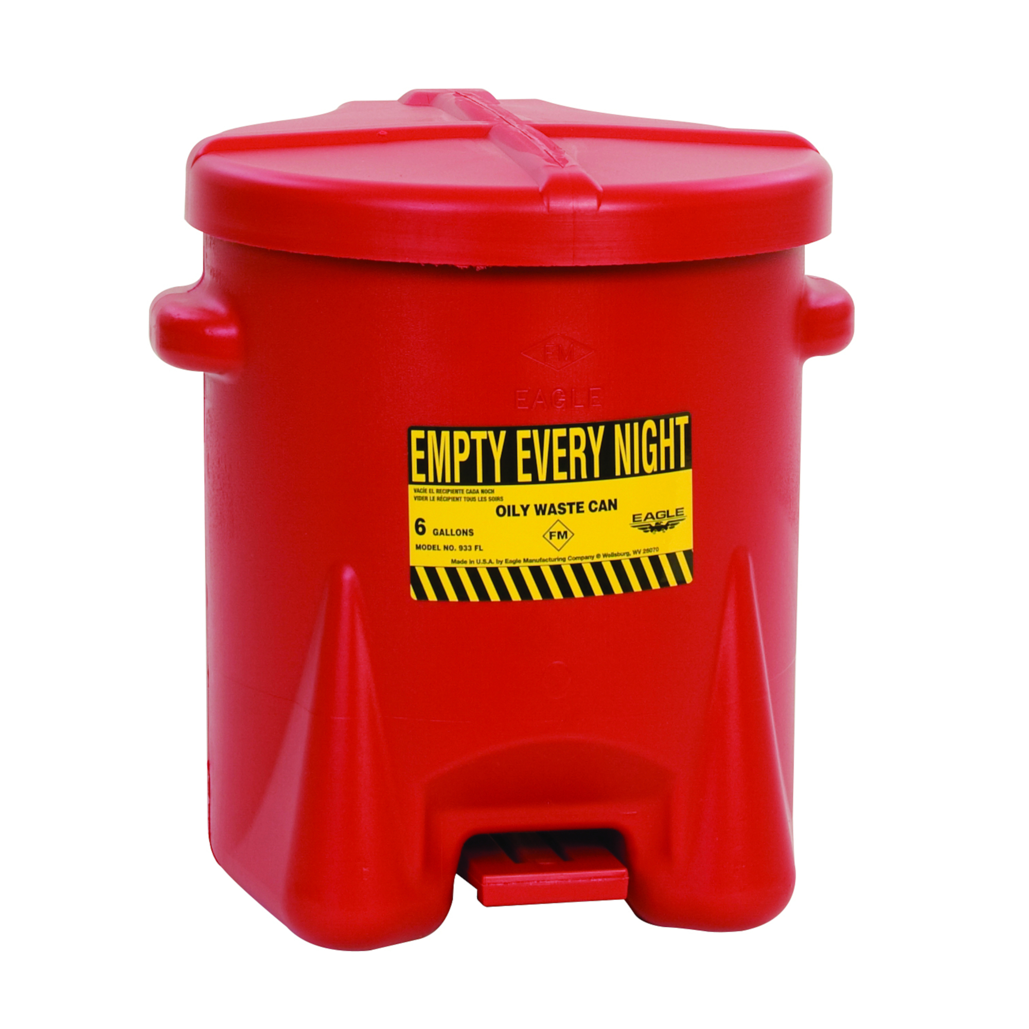 Eagle Plastic Oily Waste Can — 6 Gallon, Hands-Free, Self-Close, Red, Model# 933FL