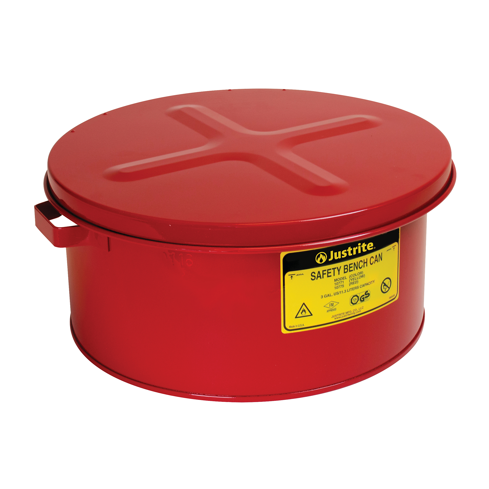 Justrite Steel Bench Can — 3 Gallon, Perforated Dasher Plate, Flame Arrester, Red, Model# 10775
