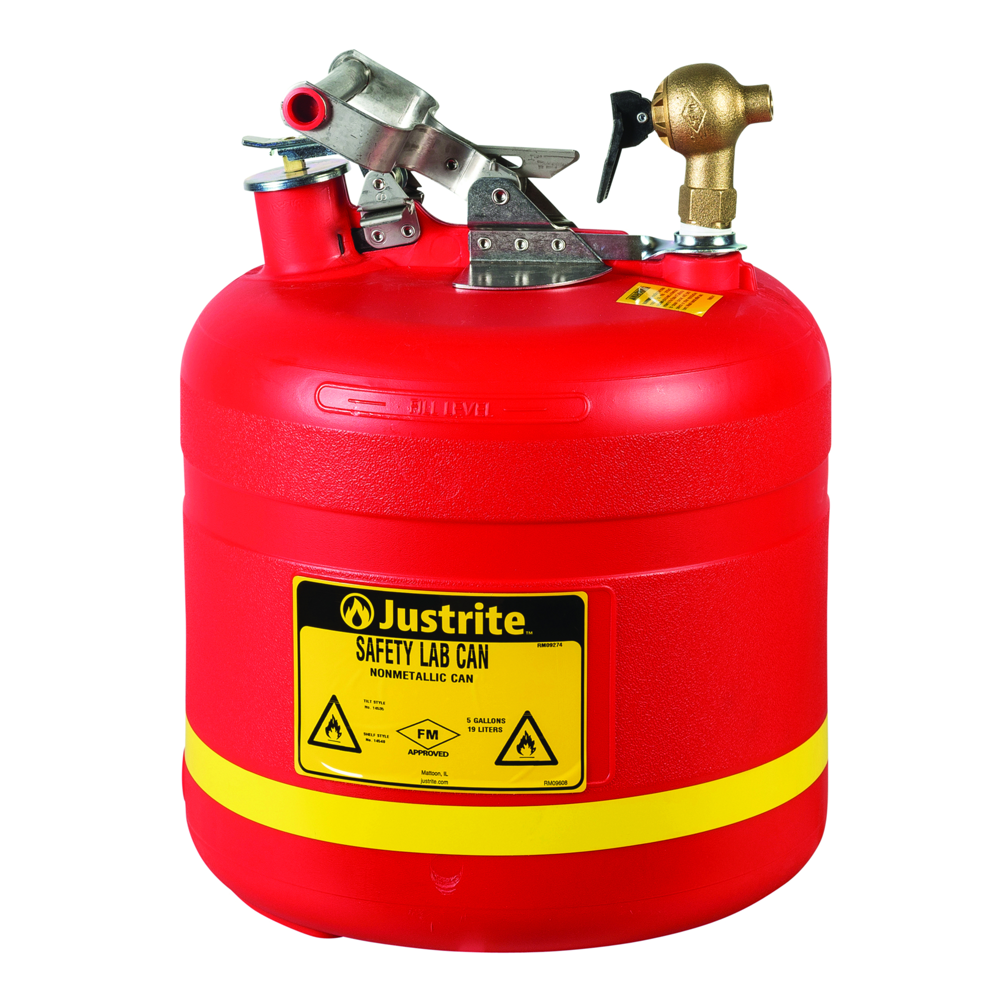 Justrite Polyethylene Dispensing Safety Can — 5 Gallons, Stainless Steel Hardware, Self-Close Brass Faucet, Flame Arrester, Red, Model# 14540