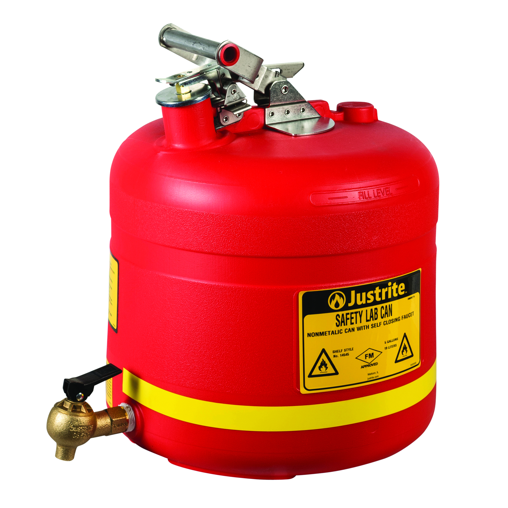 Justrite Polyethylene Safety Shelf Can — 5-Gallon, Self-Close Brass Faucet, Red, Model# 14545