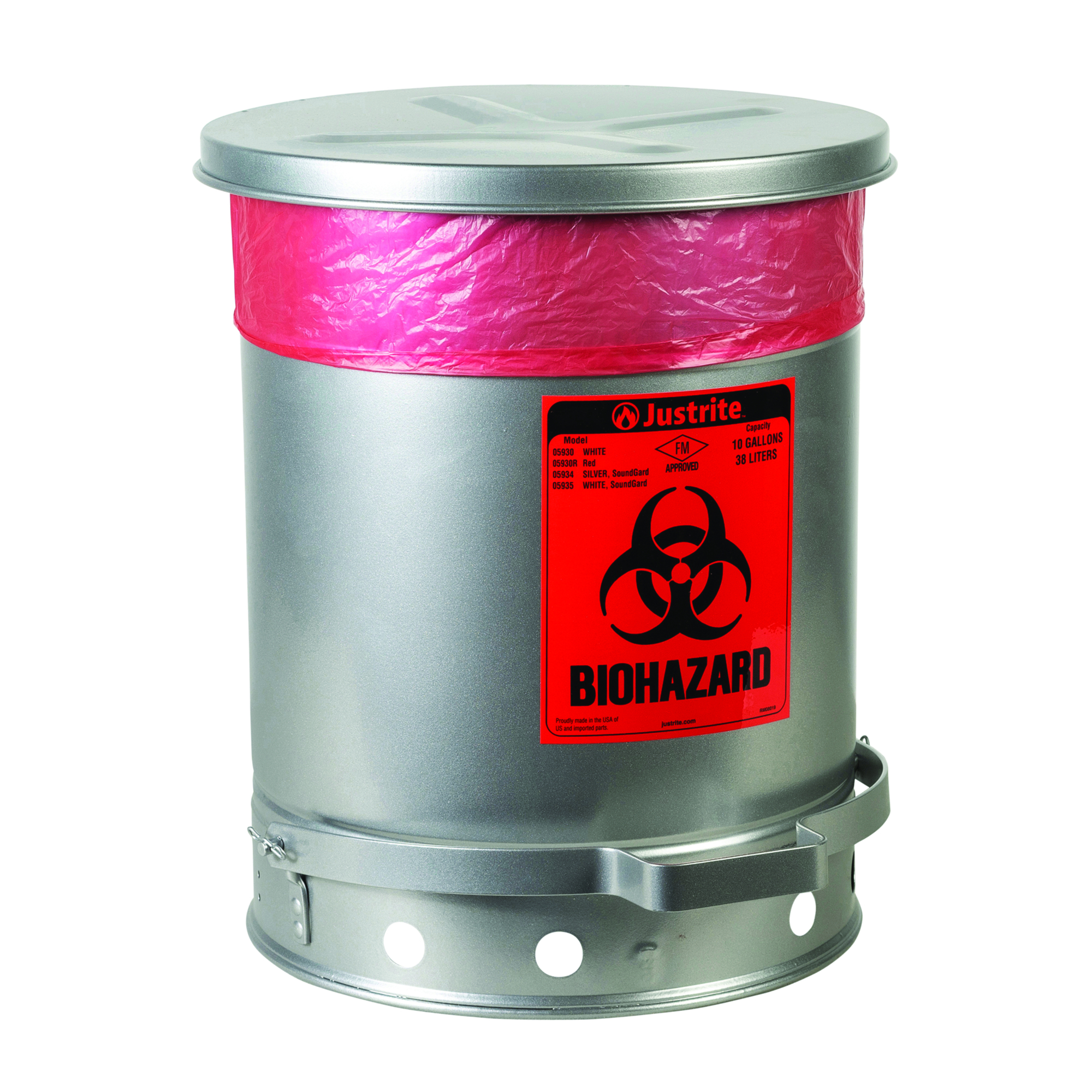 Justrite Steel Biohazard Waste Can — 10 Gallon, Foot-Operated, Self-Closing, SoundGard Cover, Silver, Model# 05934