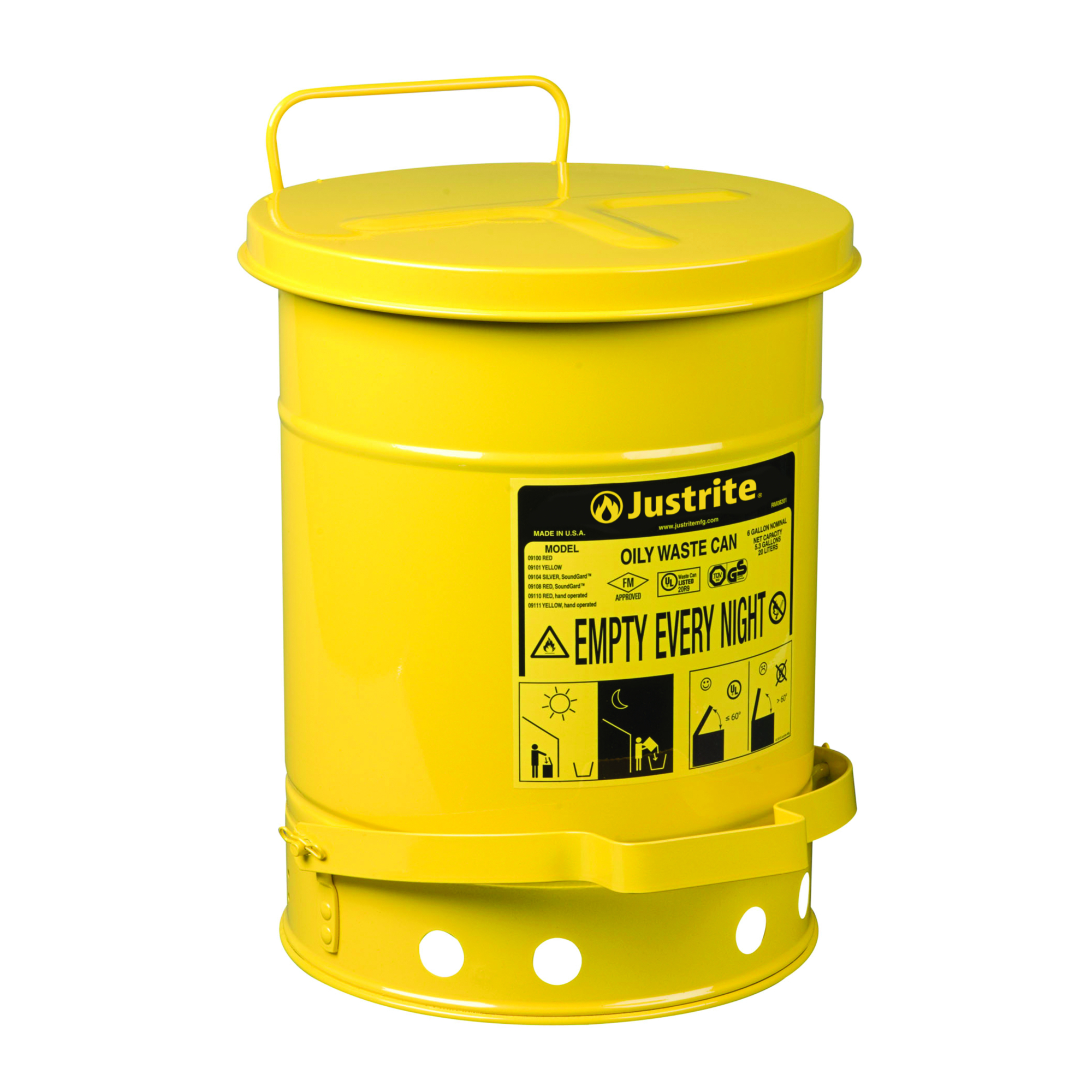 Justrite Steel Oily Waste Can — 6 Gallon, Self-Closing Cover, Yellow, Model# 09101