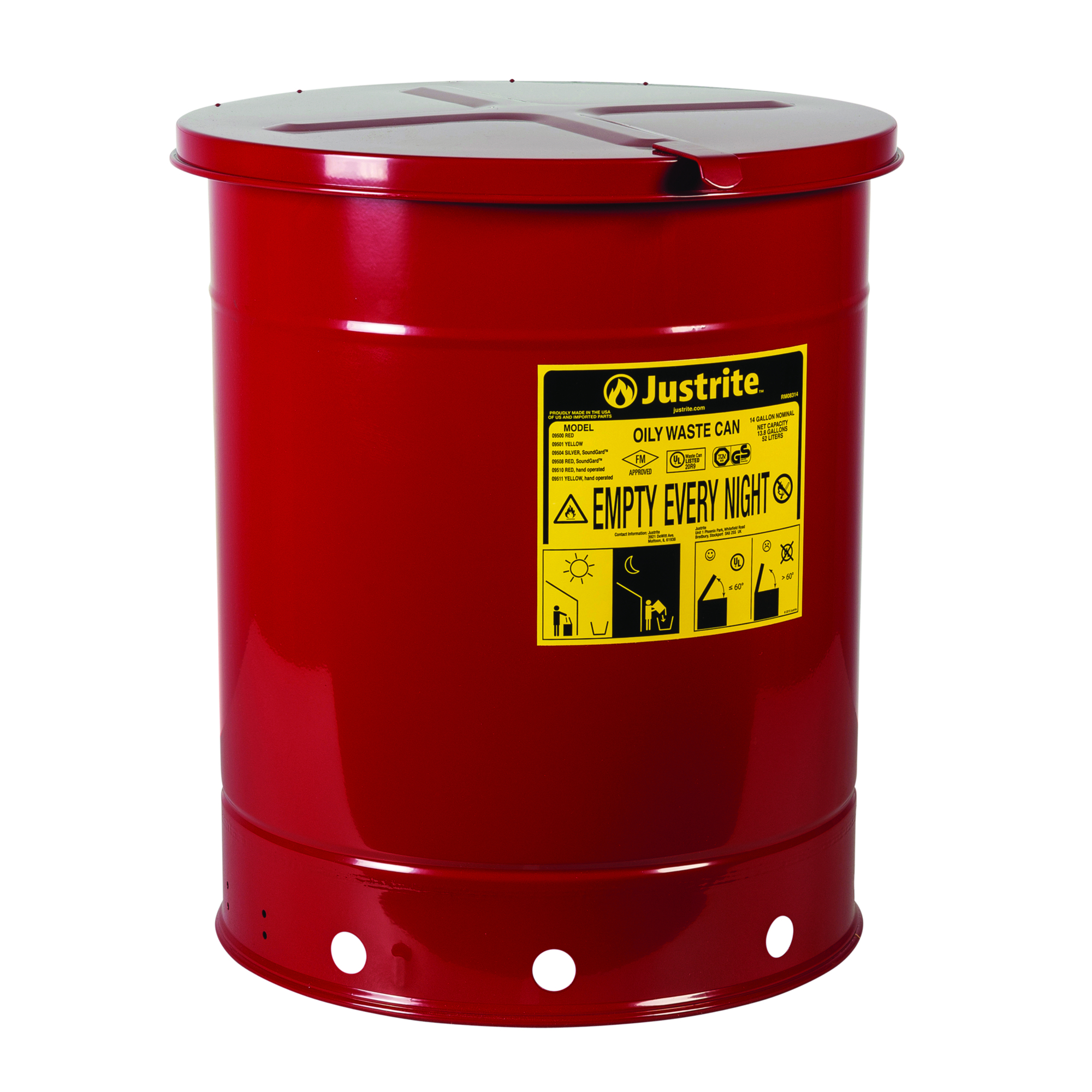Justrite Oily Waste Can — 14-Gal., Hand-Operated Cover, Steel, Red, Model# 09510