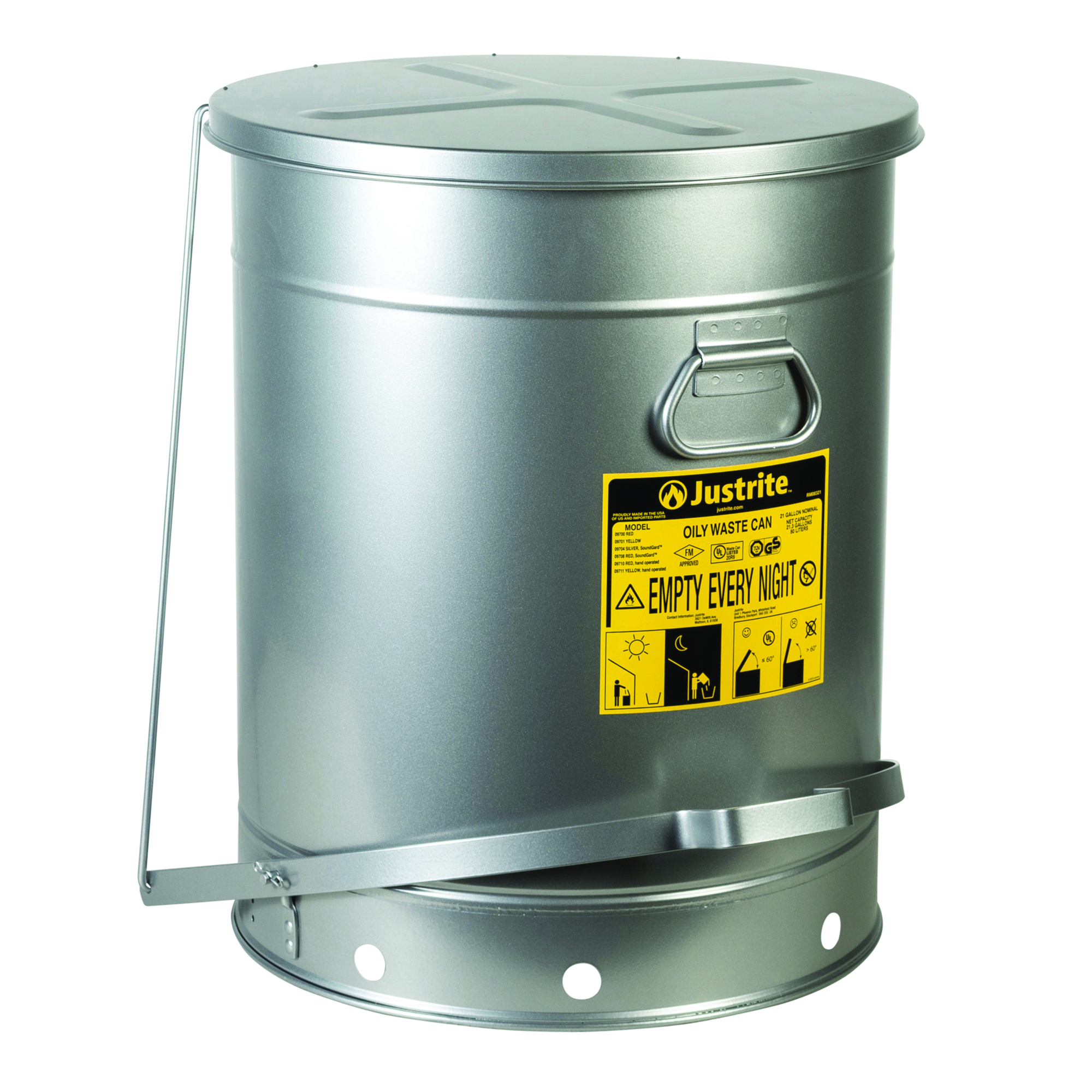 Justrite Oily Waste Can — 21 Gallon, Hands-Free, Self-Closing Cover, SoundGard, Silver, Model# 09704