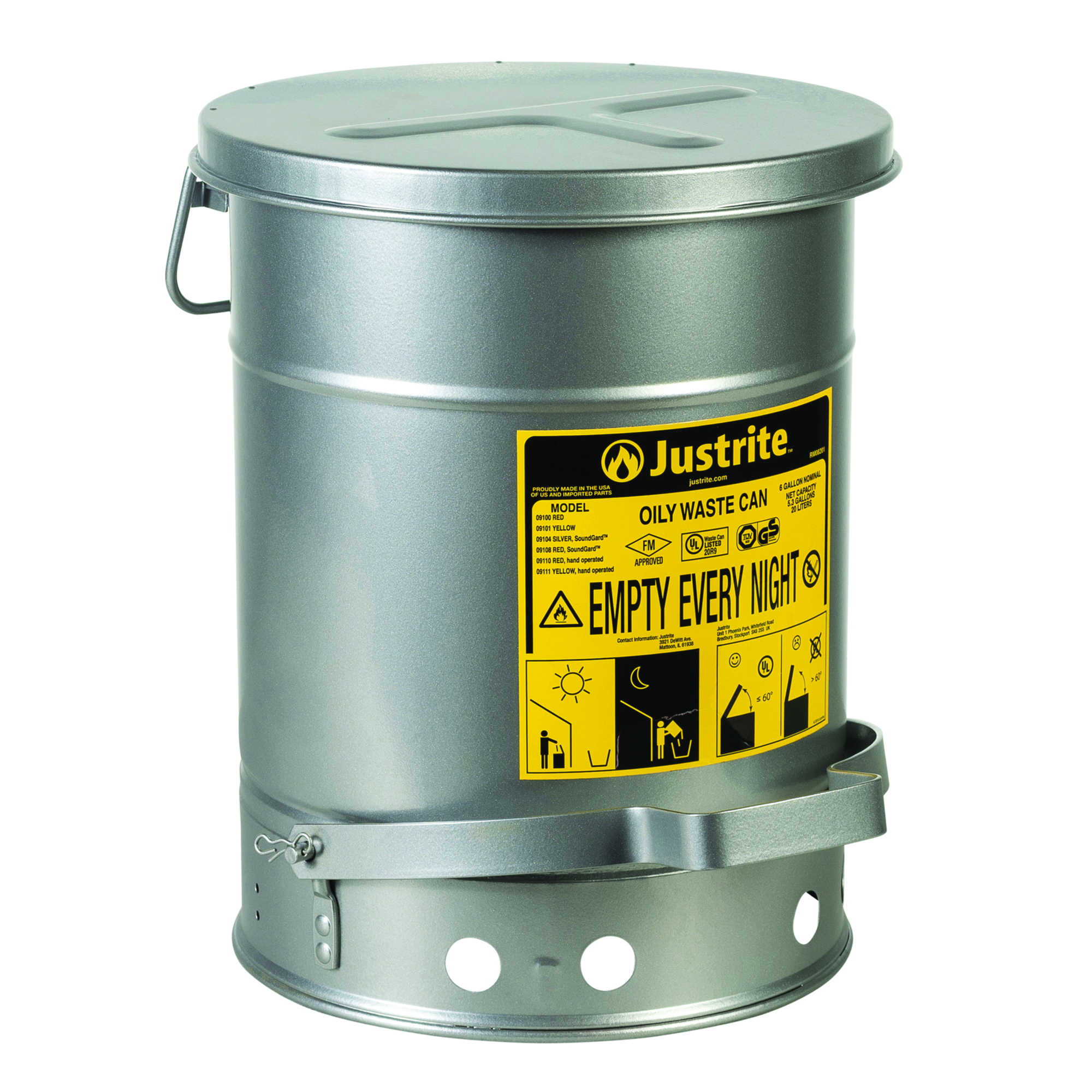 Justrite Oily Waste Can — 6 Gallon, Hands-Free Self-Closing Cover, SoundGard, Silver, Model# 09104