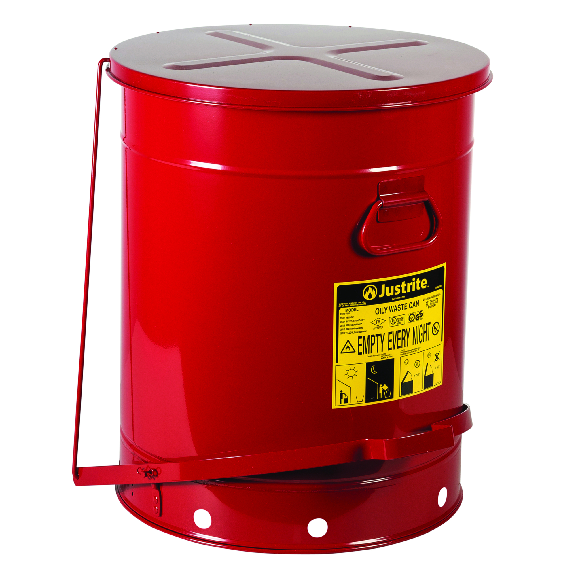 Justrite Oily Waste Can — 21 Gallon, Hands-Free, Self-Closing Cover, SoundGard, Red, Model# 09708