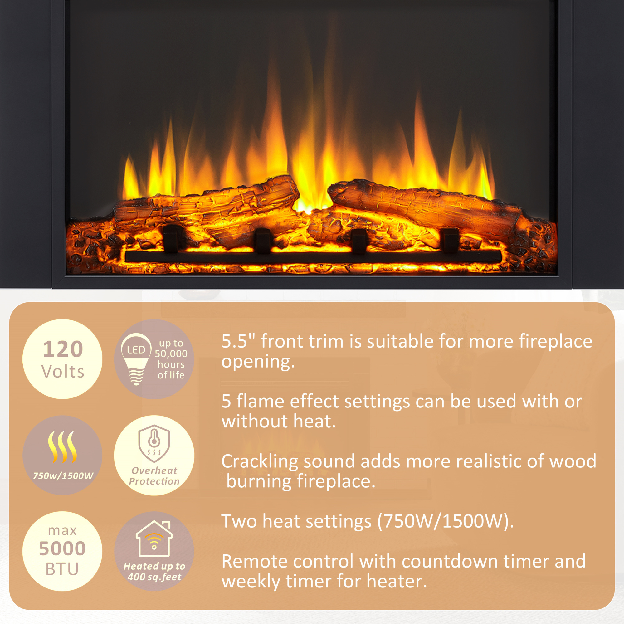 EdenDirect 32 in. Electric Fireplace Insert, Remote Control, Adjustable ...