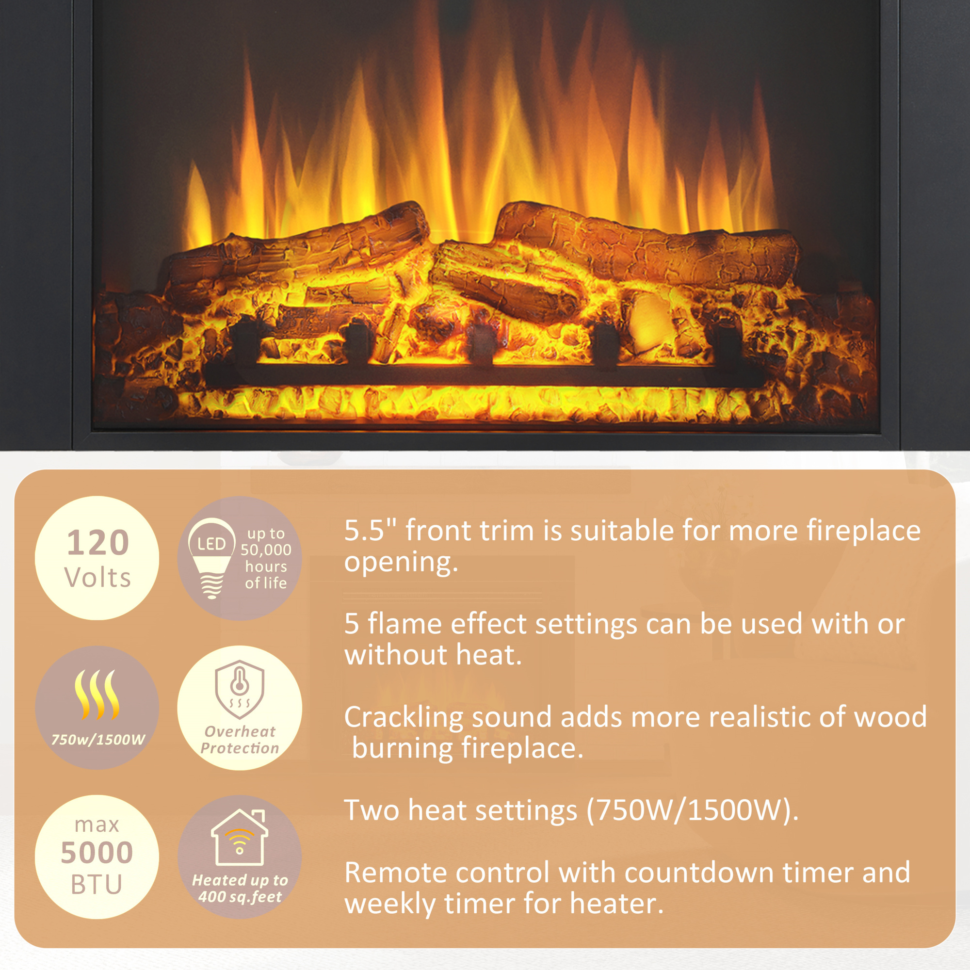 EdenDirect Ventless Electric Fireplace Insert — 36in., Remote Control ...