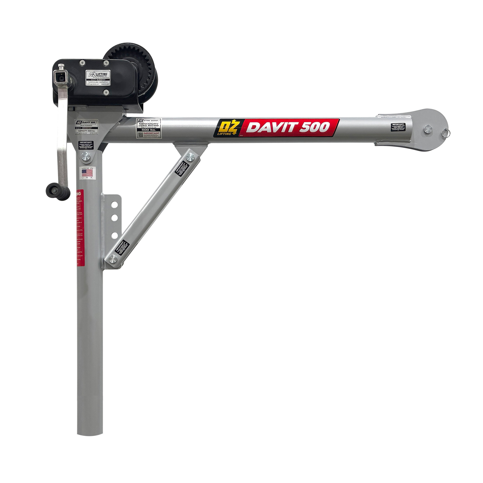 OZ Lifting Products, Steel Davit Crane, 500 lb with 2500 lb carbon steel brake winch, Model # OZ500DAV-HND2