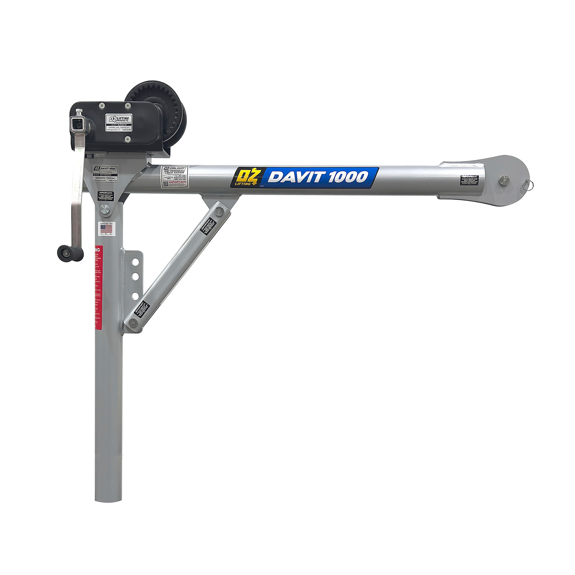 OZ Lifting Products, Steel Davit Crane, 1000 lb with 2500 lb carbon steel brake winch, Model # OZ1000DAV-HND2