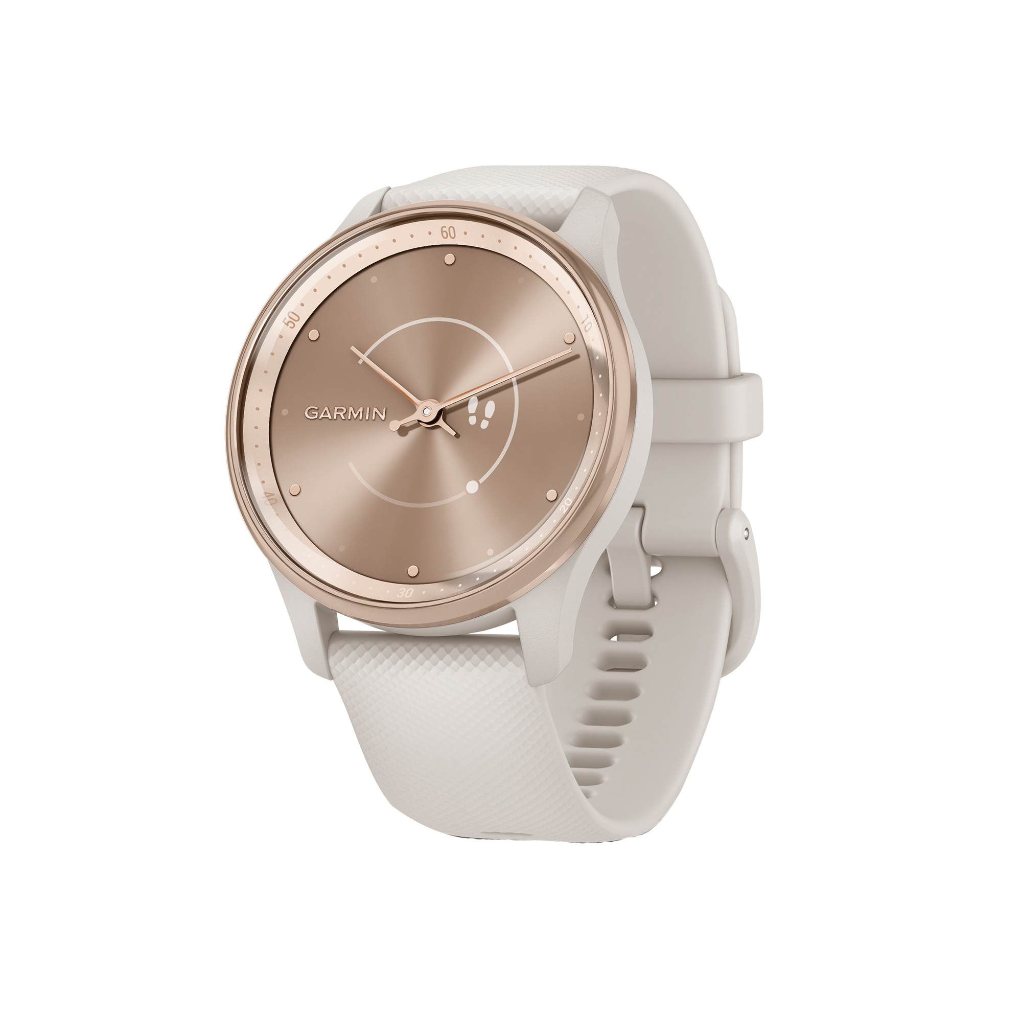 Garmin Vivomove Trend Hybrid Smartwatch — 40mm, Peach Gold Stainless Steel Bezel, Ivory Case, Silicone Band, Model# 010-02665-01