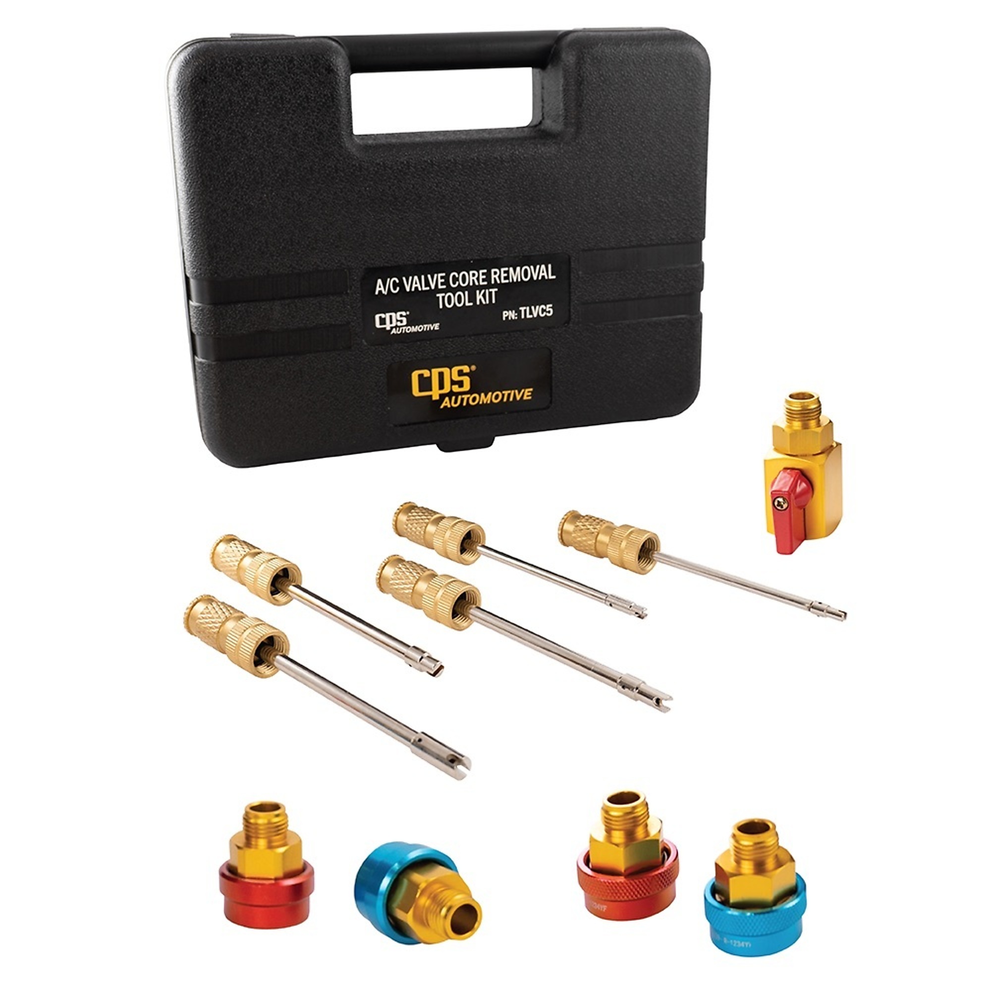CPS Products A/C Valve Core Removal Tool Kit — 10-Piece, Includes Valve Core Removers, Couplers, Master Shut-Off Valve, Model# TLVC5