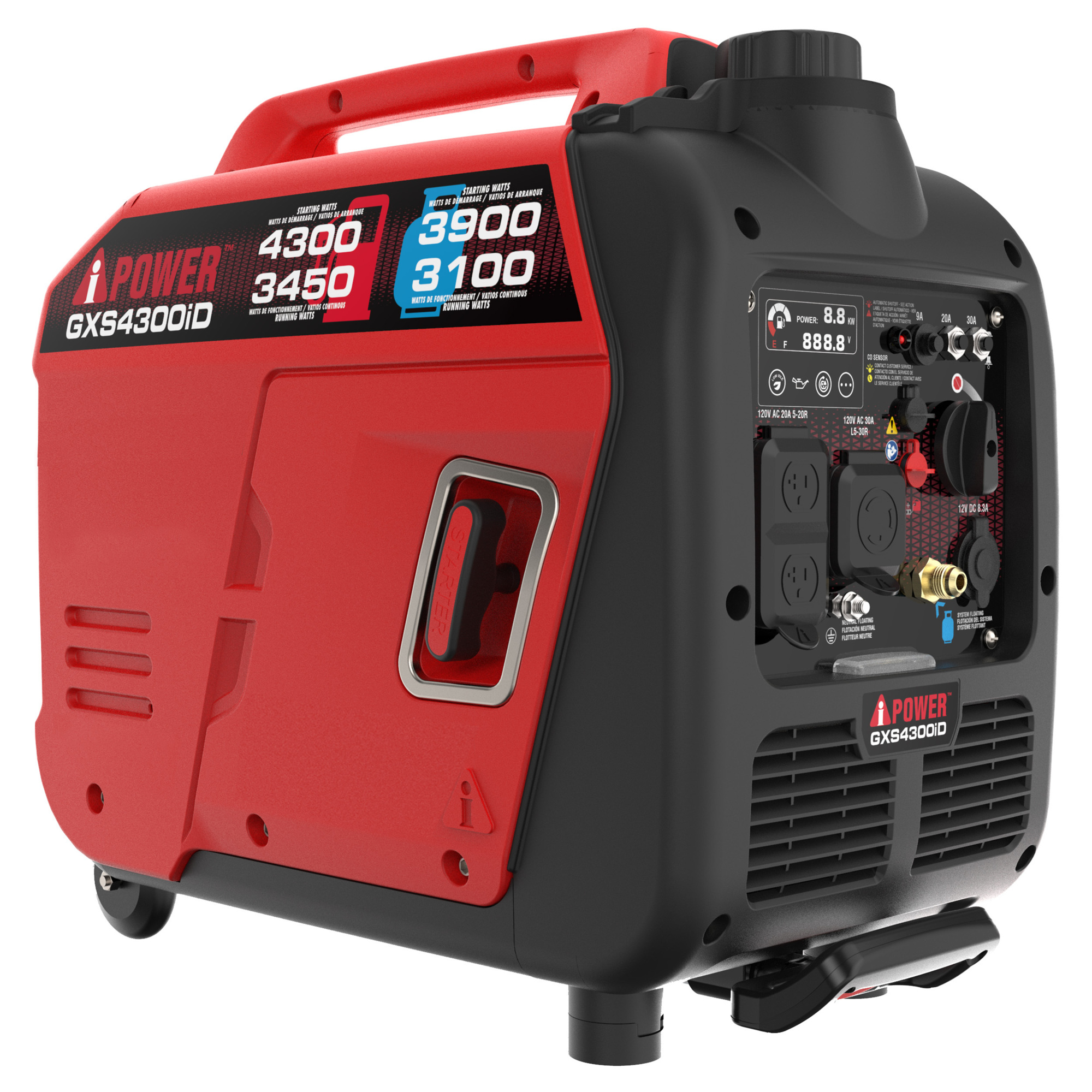 A-iPower Inverter Generator — 4300W, Gas/Propane, 149cc OHV Engine, Recoil Start, CO Sensor, Model# GXS4300iD