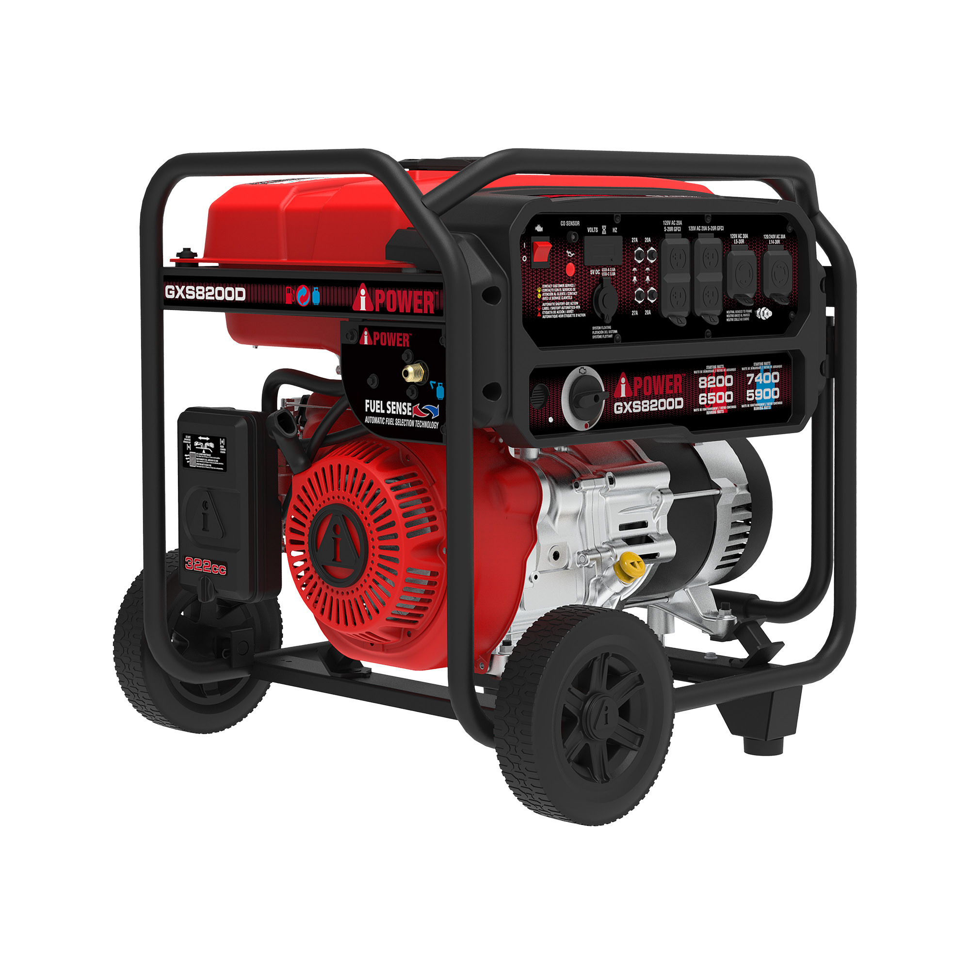 A-iPower Portable Generator — 8200 Watts, Gas/Propane, 322cc OHV Engine, CO Sensor Shutdown, Model# GXS8200D
