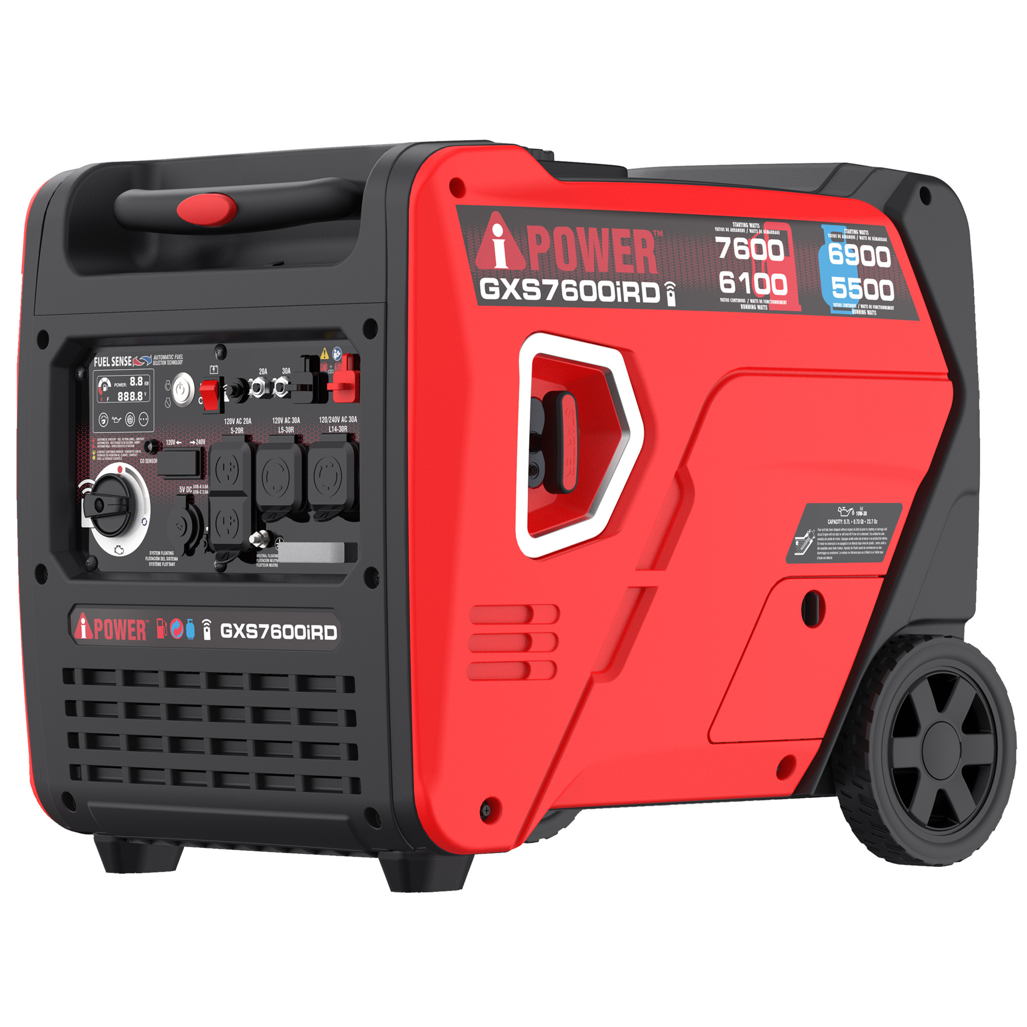 A-iPower Remote Electric Start Inverter Generator — 7600W, Gas and Propane Powered, 322cc OHV Engine, CO Sensor, Model# GXS7600iRD