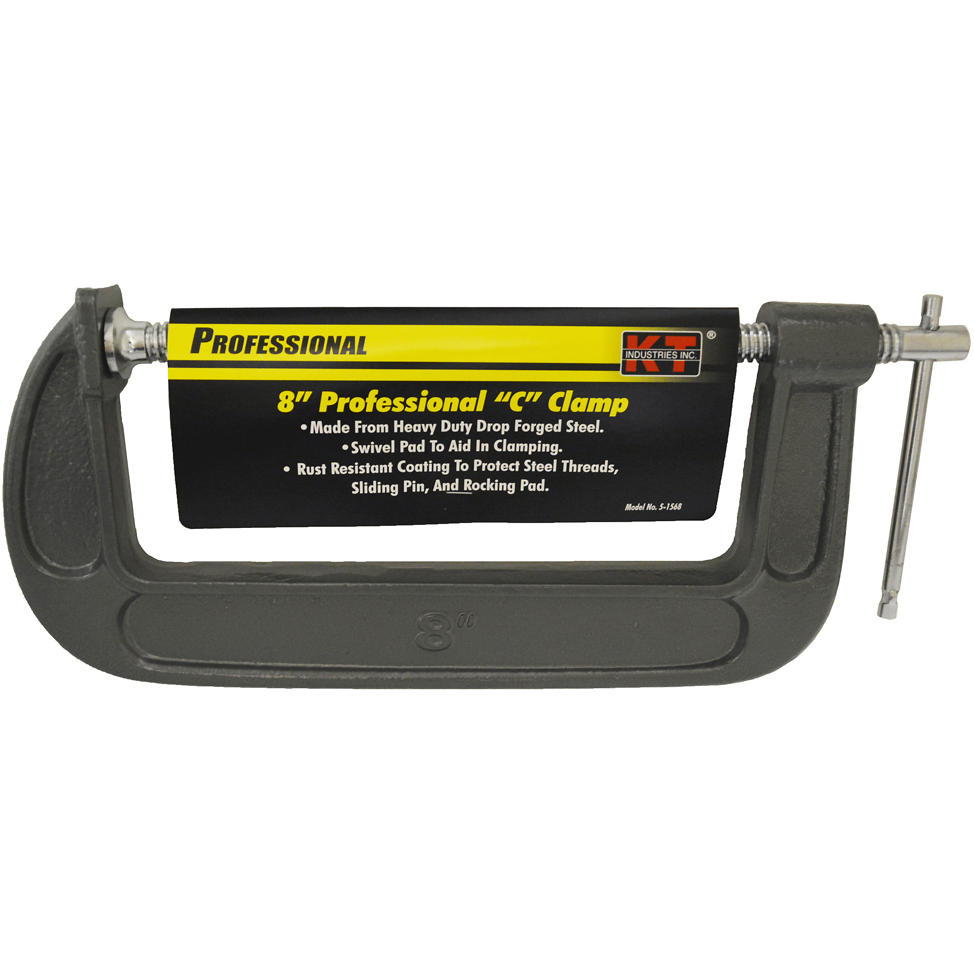 K-T Industries Heavy-Duty C-Clamp — 8in., Steel Screw, Sliding Handle, Rocking Pad, Model# 5-1568