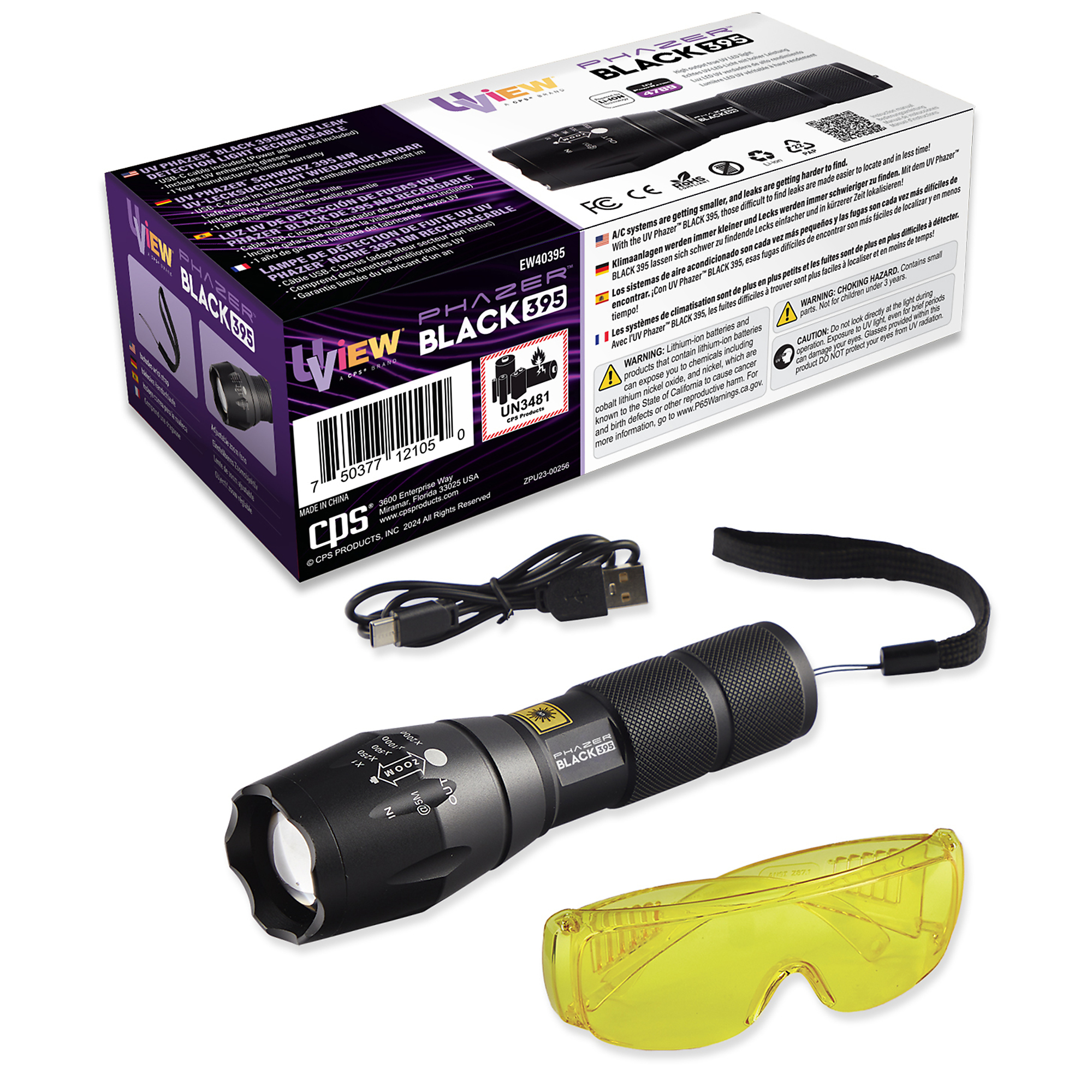 UView Phazer Black 395 UV Leak Detection Light — Rechargeable, High Output LED, Adjustable Zoom, Model# EW40395
