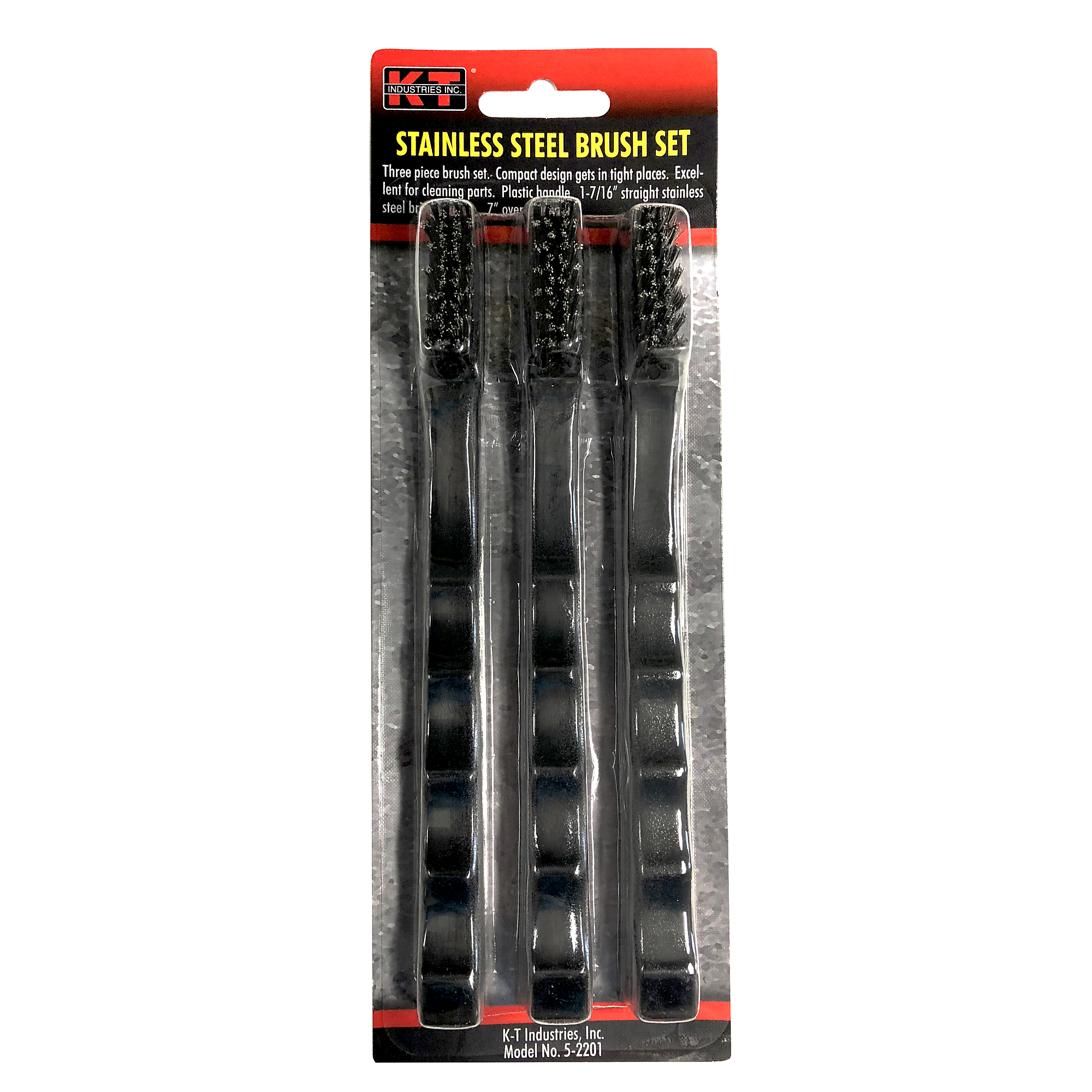 K-T Industries 3-Piece Stainless Brush Set — 7.75in. Length, Plastic Handle, Pack of 5, Model# 5-2201