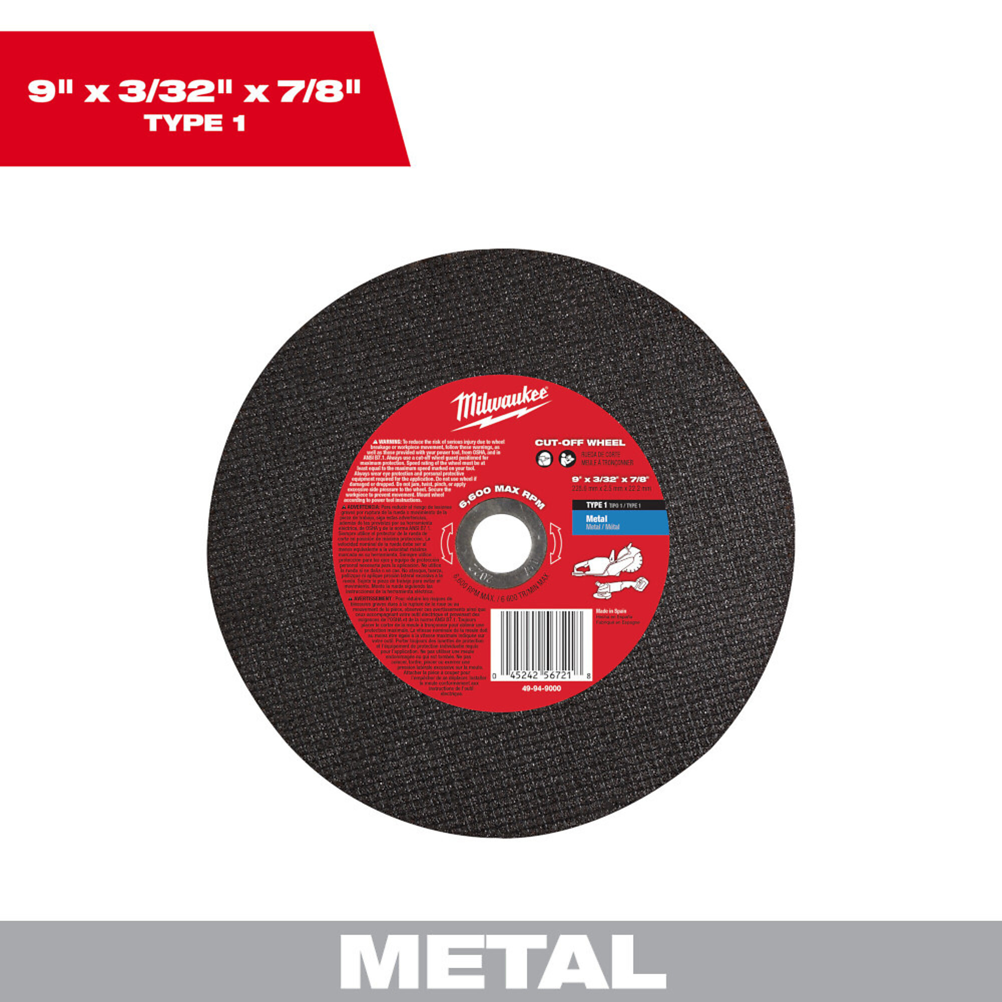 Milwaukee 9" Cut-Off Wheel (Type 1), Model# 49-94-9000