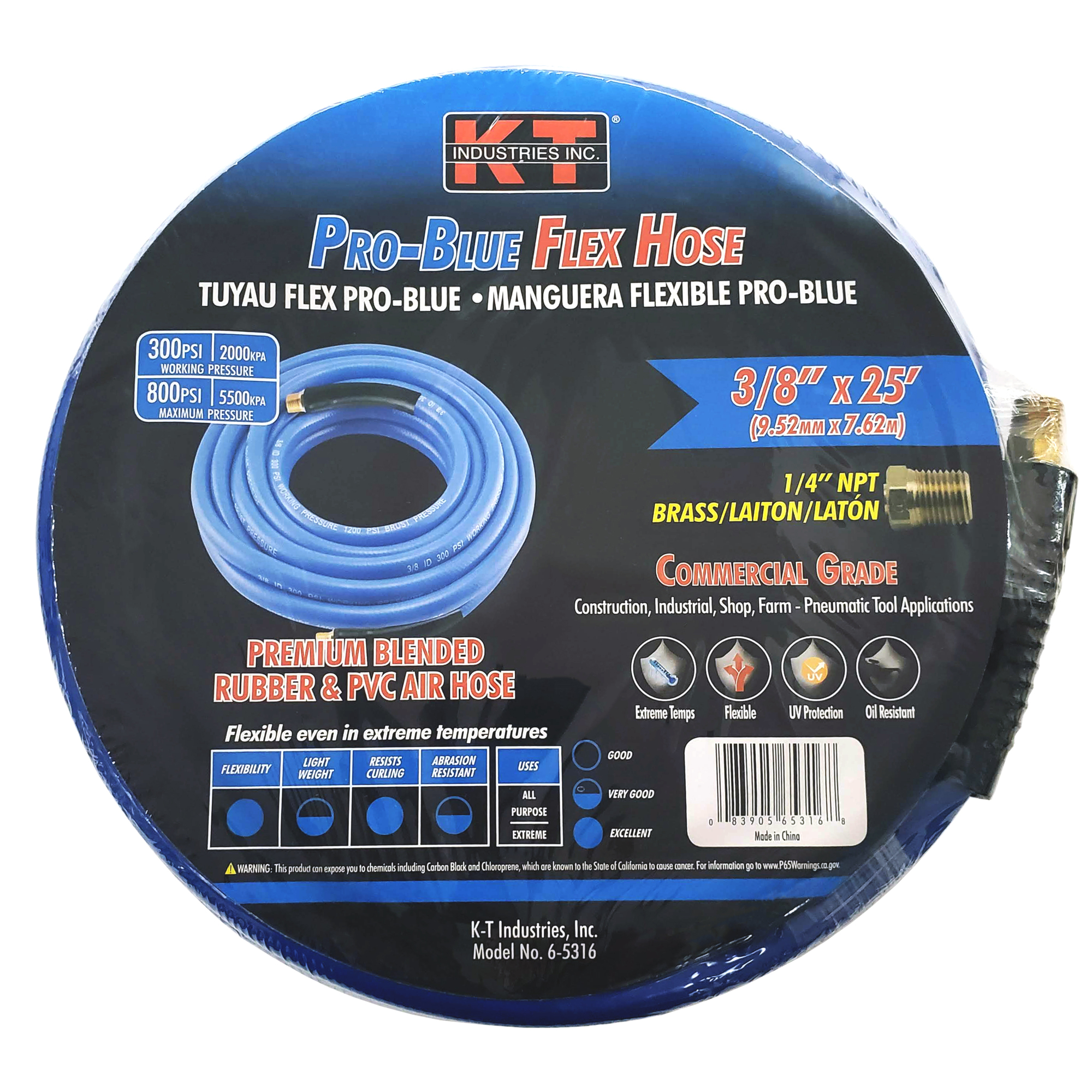 K-T Industries Pro-Blue Flex Hose — 3/8in. x 25ft., PVC/Rubber/Polyester, 300 PSI, Model# 6-5316