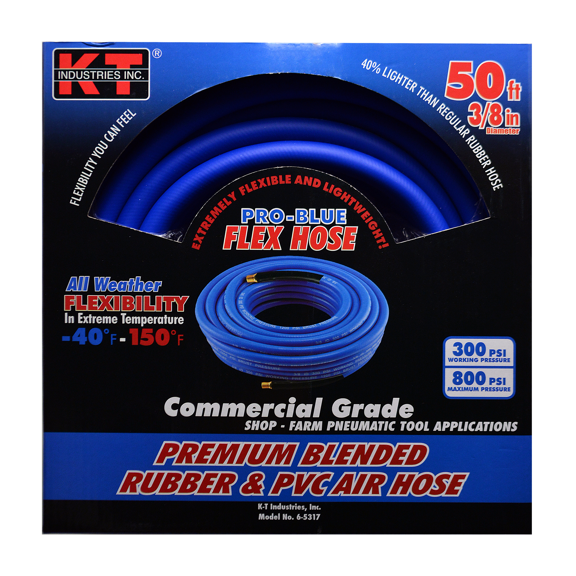 K-T Industries Pro-Blue Flex Hose — 3/8in. x 50ft., PVC/Rubber/Polyester Blend, 300 PSI, Model# 6-5317