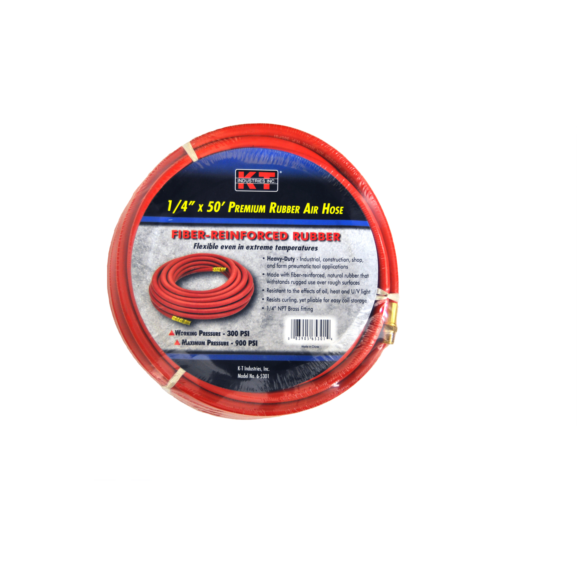 K-T Industries Rubber Air Hose — 1/4in. x 50ft., Brass Fittings, Model# 6-5301