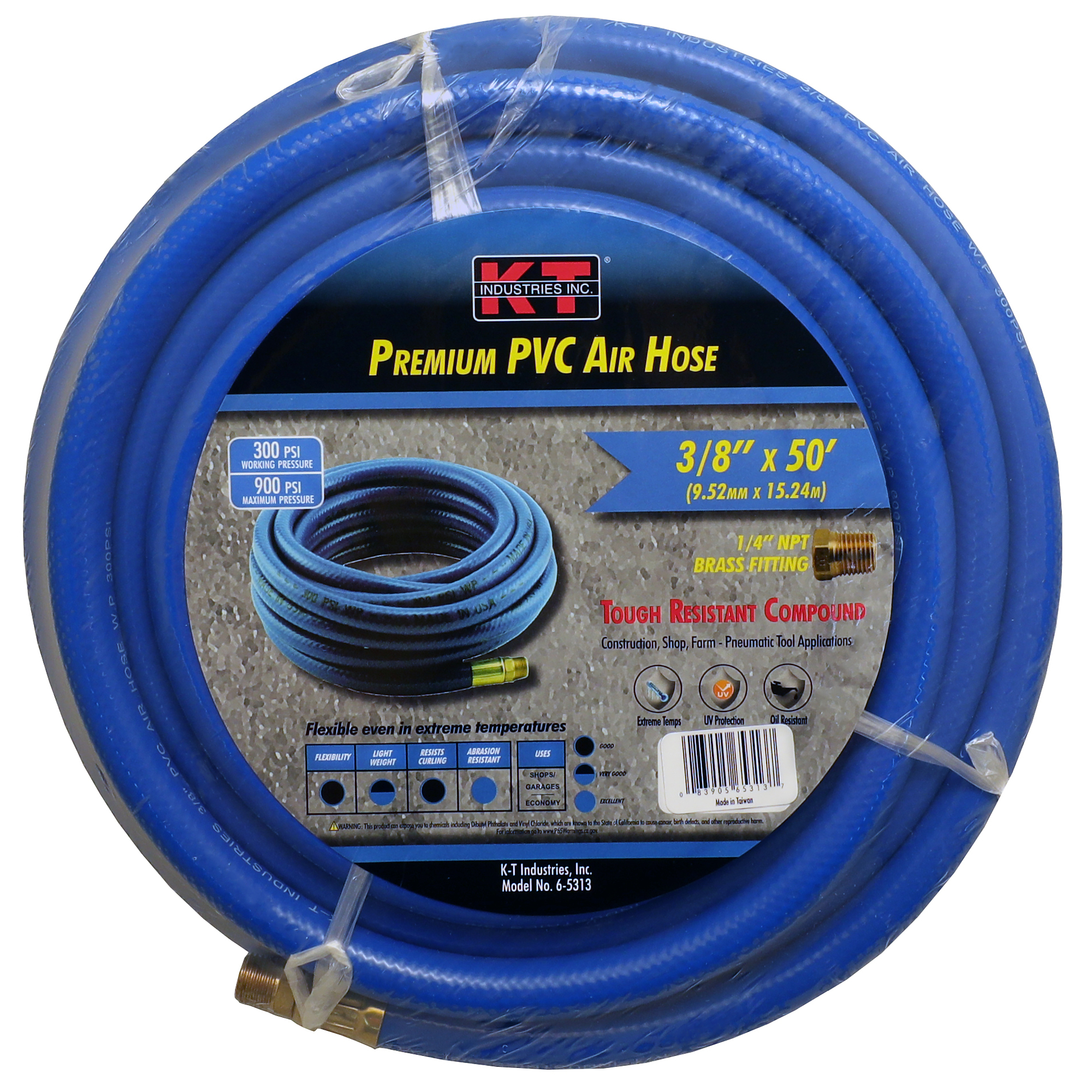 K-T Industries PVC Air Hose — 3/8in. x 50ft., 1/4in. Brass Fittings, Model# 6-5313