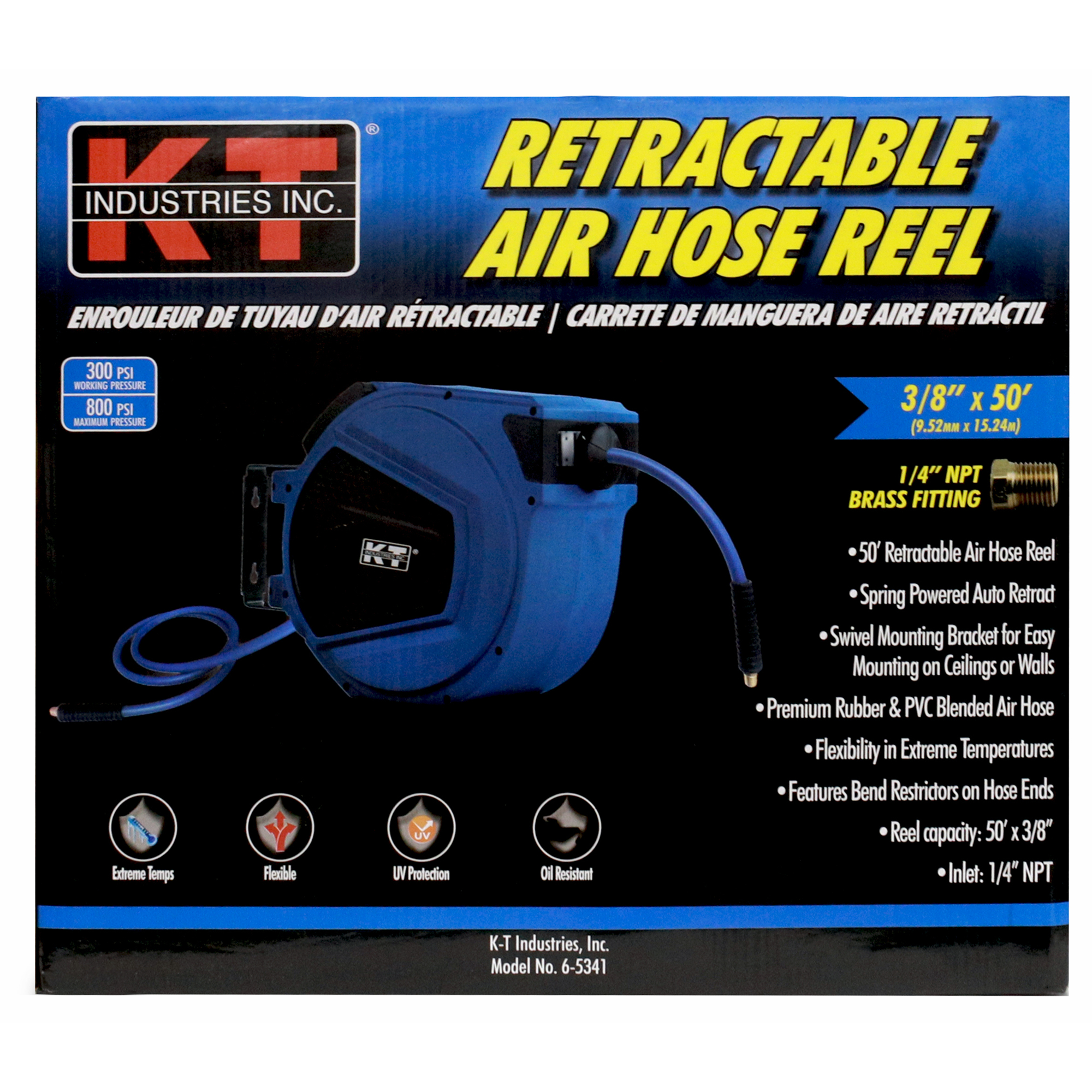 K-T Industries Auto Retractable Hose Reel — 50ft., Rubber/PVC Blend, 1/4in. NPT, 300 PSI, Model# 6-5341