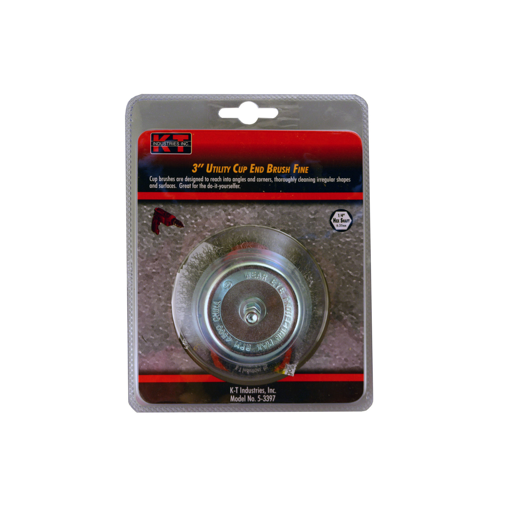 K-T Industries End Cup Brush — 3in. Fine, 1/4in. Hex Shank, 4500 RPM, Model# 5-3397