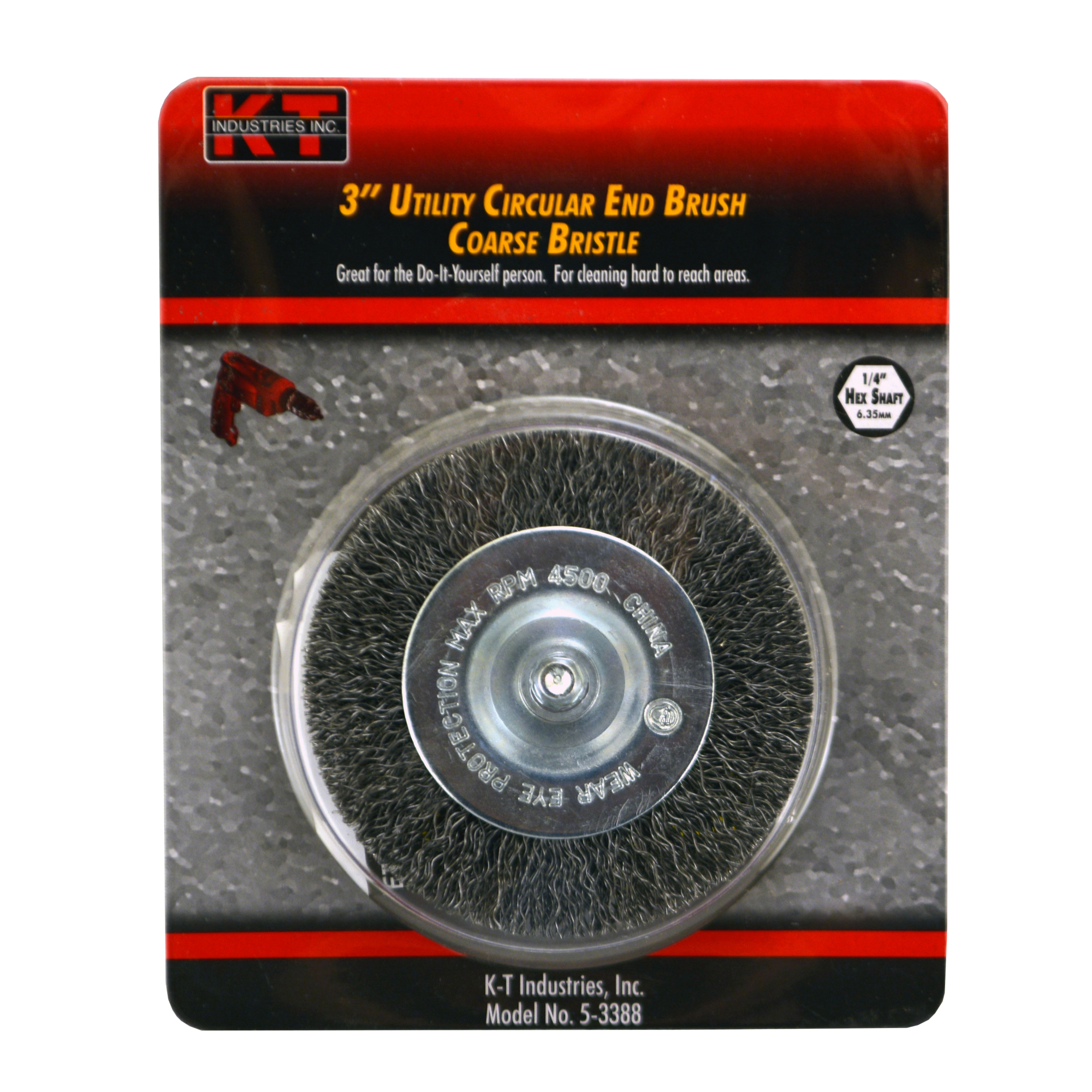K-T Industries Circular End Brush — 3in. Coarse, 1/4in. Hex Shaft, 4500 RPM, Model# 5-3388