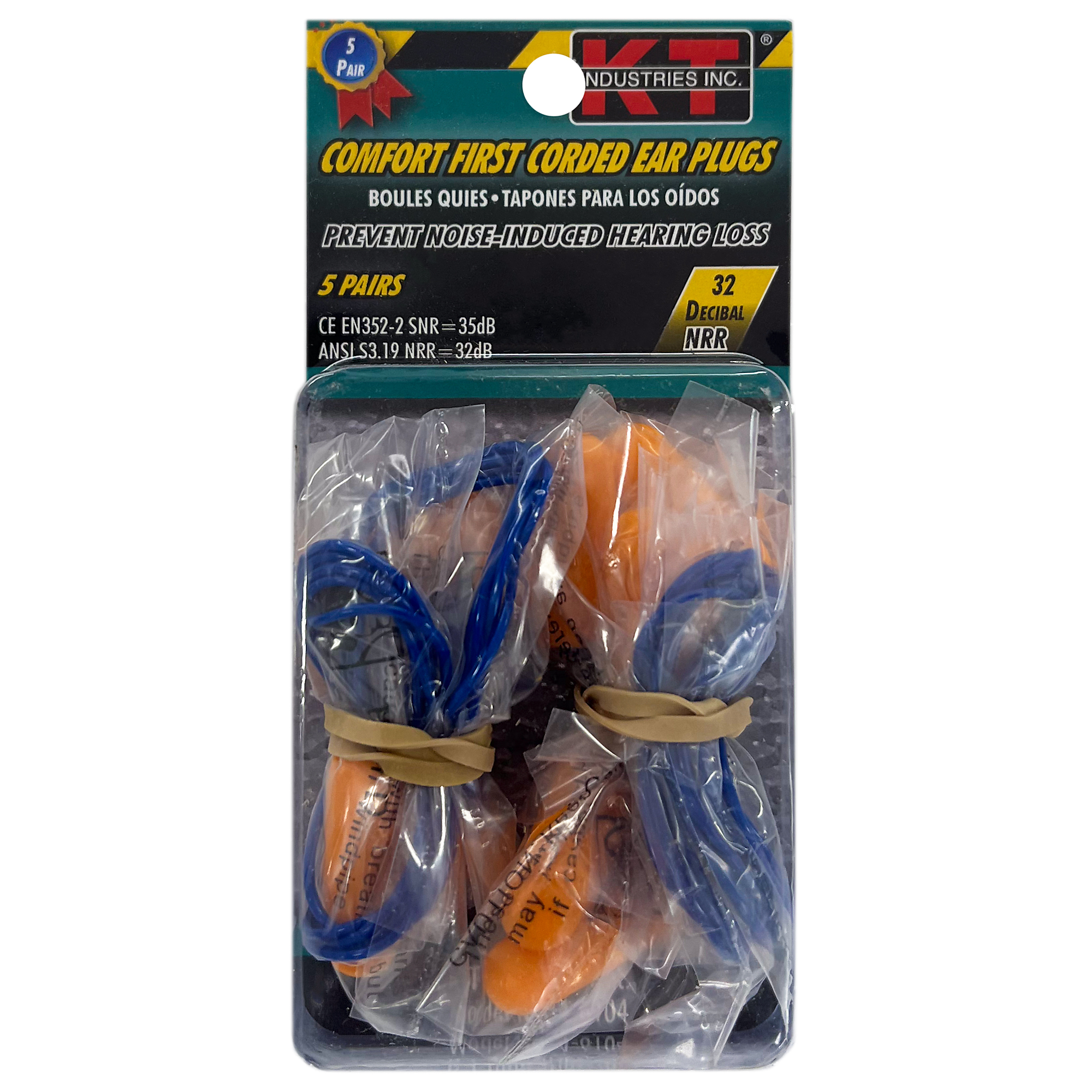K-T Industries Comfort First Corded Ear Plugs — 5 Pairs, PU-Foam, 31dB Noise Reduction, Model# 4-6104