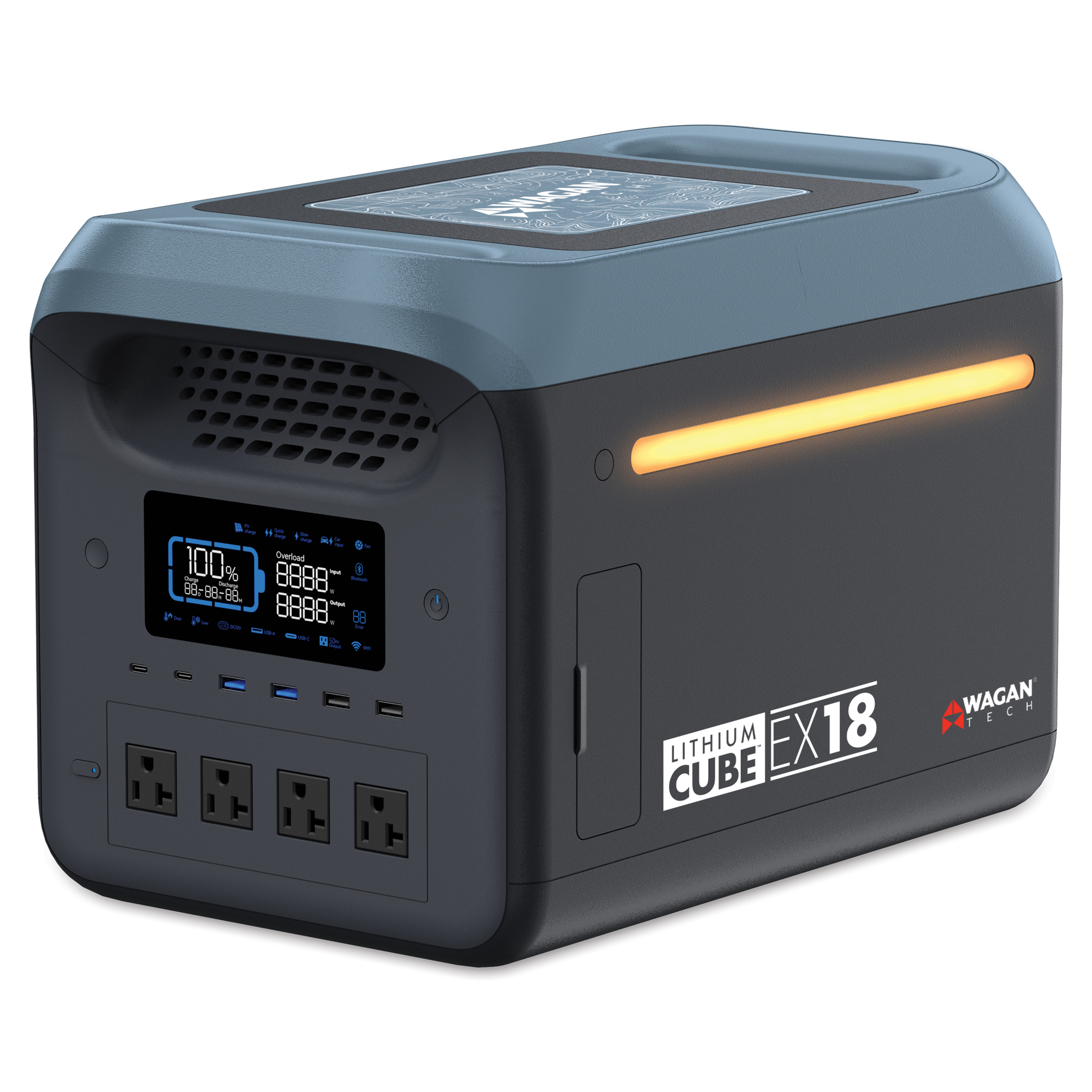 Wagan Tech Lithium Cube EX18 — 1800W Continuous, 3000W Surge, 1380W AC Fast Charger, 400W Solar Input, Model# EL8840