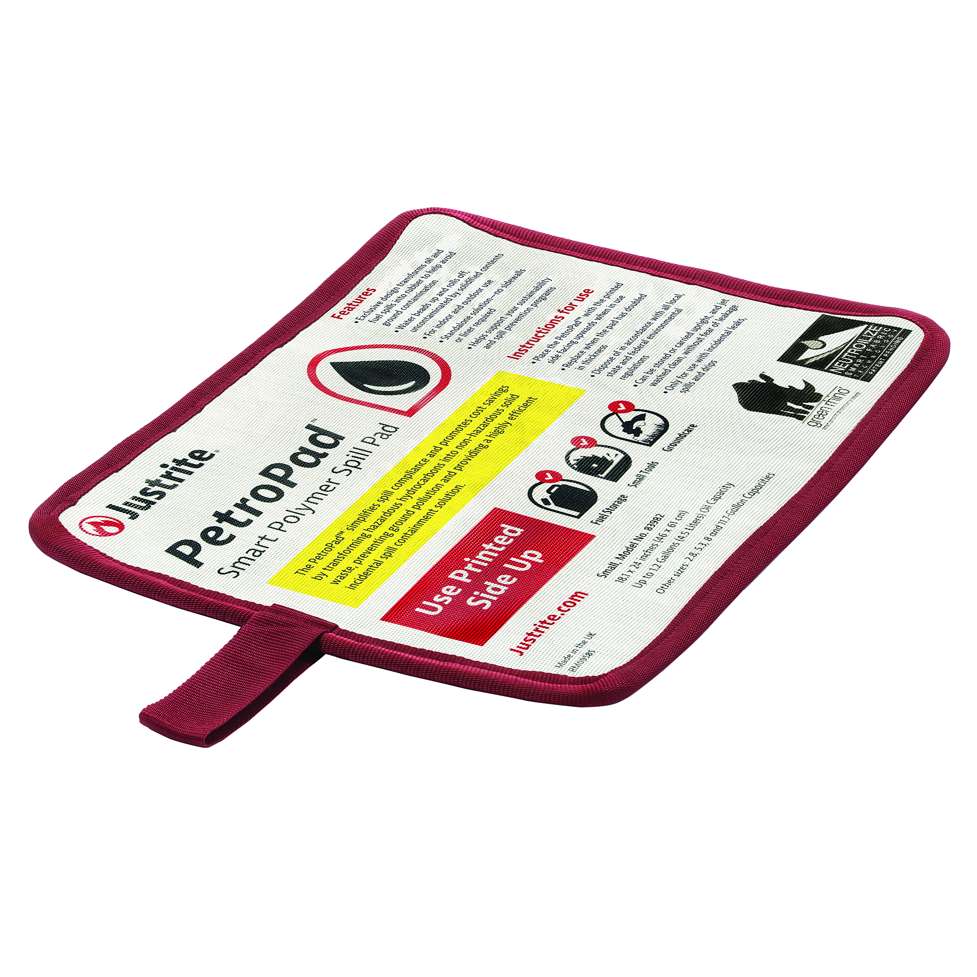 Justrite PetroPad Absorbent Pads — Small, 1.9 Gal. Capacity, Pack of 10, Model# 83982PK