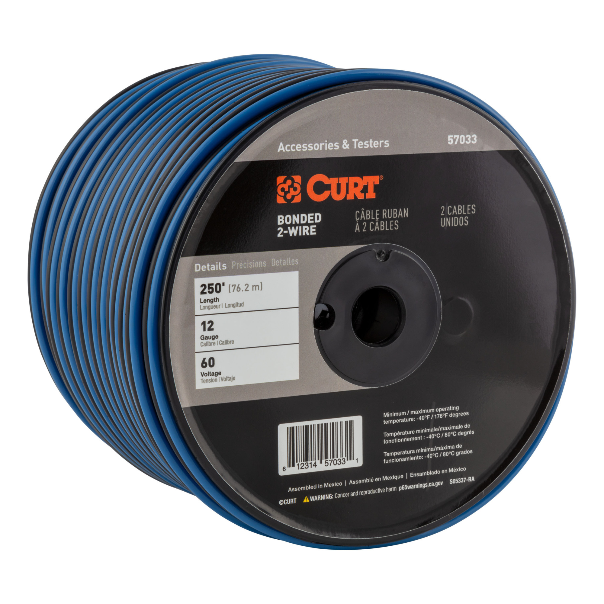 Curt Manufacturing Automotive Primary Wire — 250ft. Trailer Wiring Spool, 12-Gauge, 2-Bond Black/Blue, 60-Volt, Model# 57033