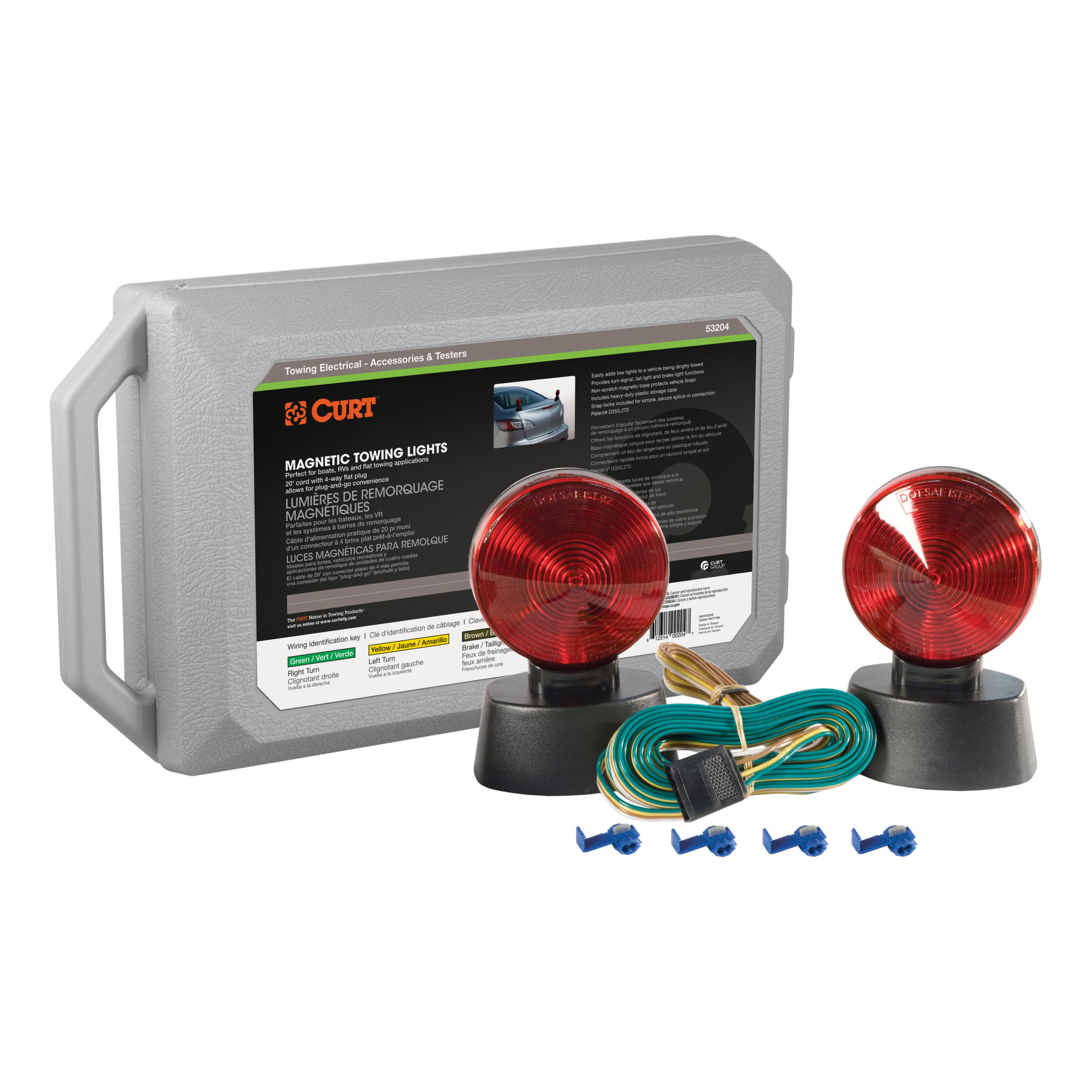 Curt Manufacturing Magnetic Trailer Lights for Dinghy Towing — 4-Pin Flat Plug, Stop Tail Turn, 20ft. Wiring, Storage Case, Model# 53204