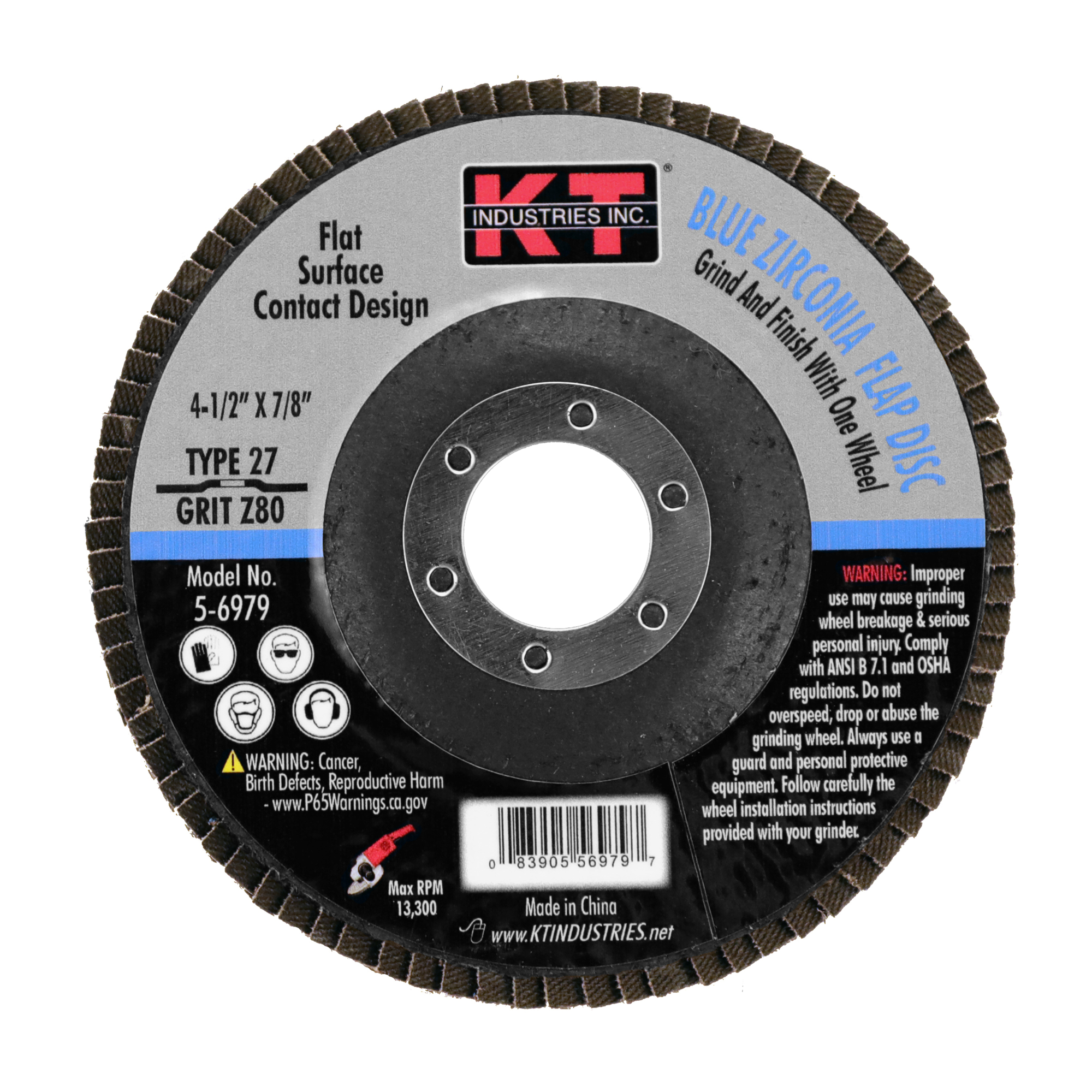 K-T Industries Blue Zirconia Flap Disc — 4.5in. x 7/8in., 80 Grit, 13,300 RPM, Model# 5-6979