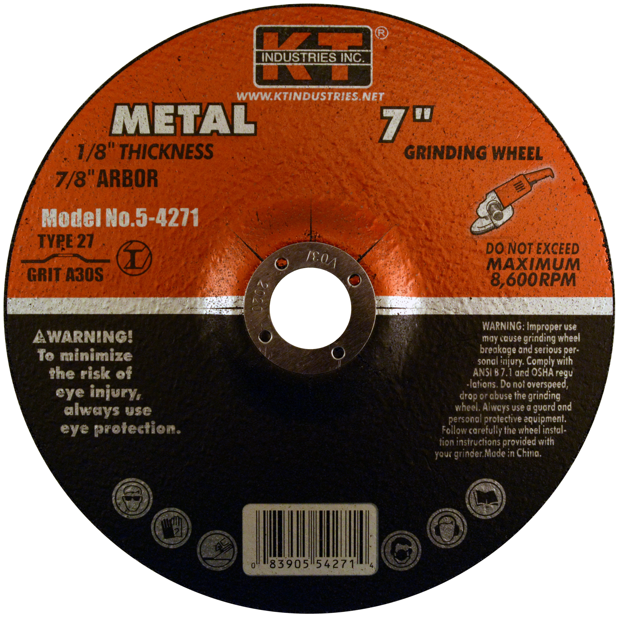 K-T Industries Grinding Wheel — 7in. x 1/8in. x 7/8in., Resin Bond, Fiberglass Reinforced, Type 27, 8500 RPM, Model# 5-4271