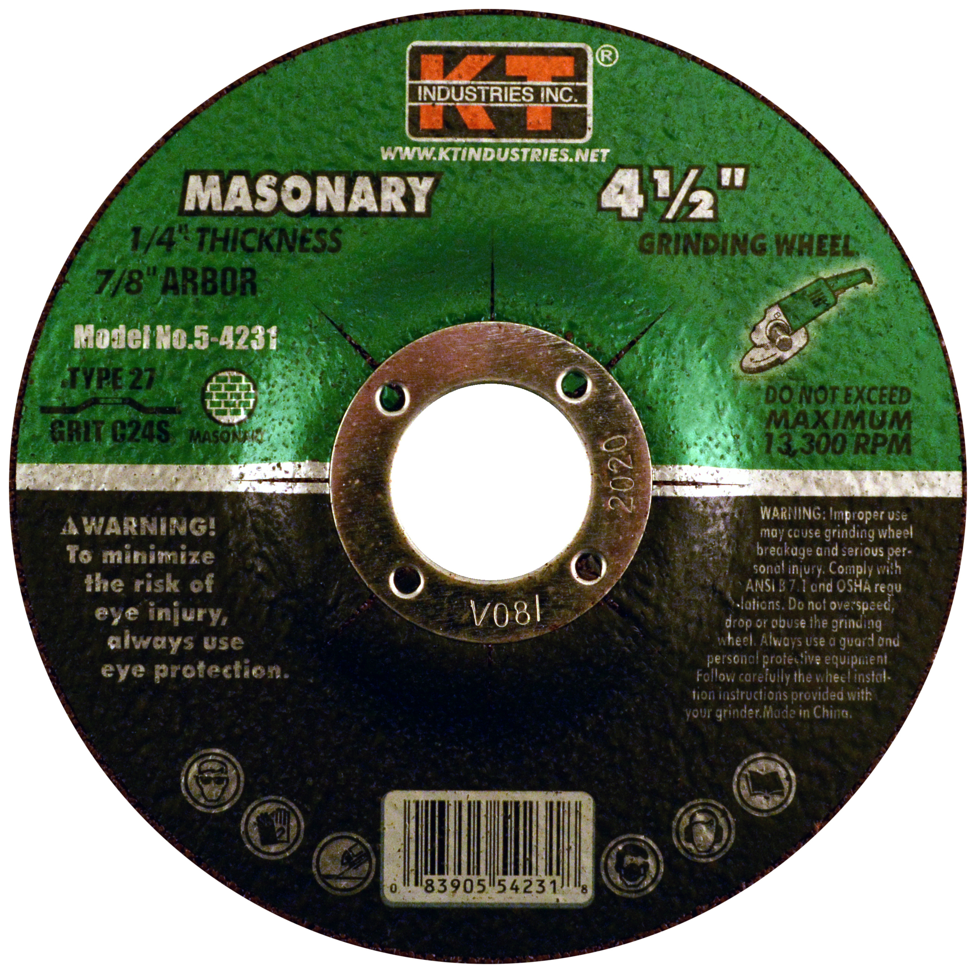 K-T Industries Masonry Grinding Wheel — 4 1/2in. x 1/4in., 7/8in. Arbor, Type 27, 13,300 RPM, Pack of 5, Model# 5-4231