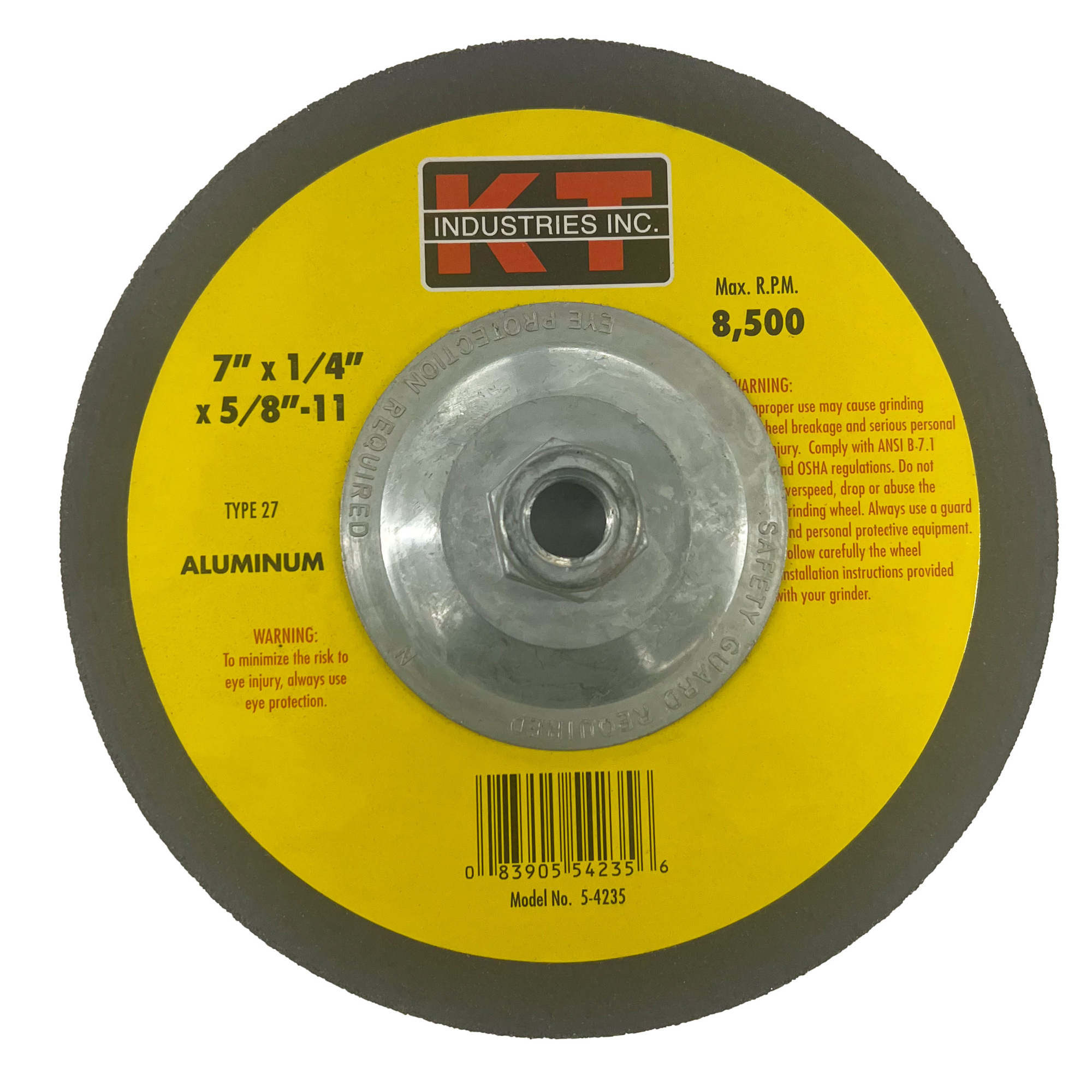 K-T Industries Grinding Wheel for Aluminum — 7in. x 1/4in. x 5/8-11, Type 27, 8500 RPM, Model# 5-4235