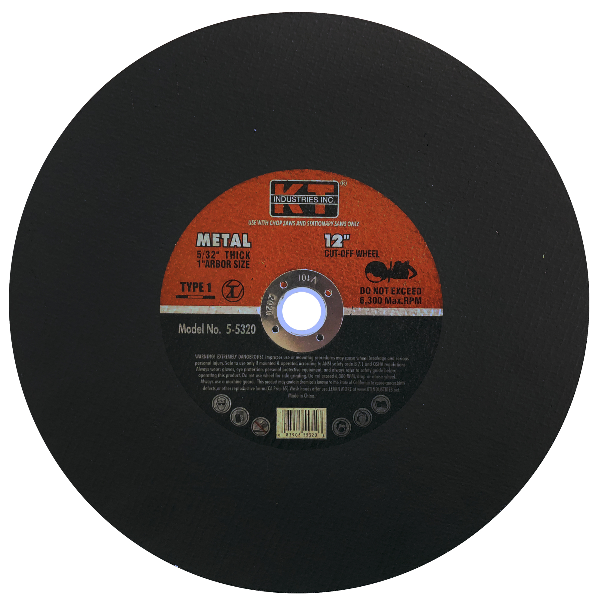 K-T Industries Metal Cut-Off Wheels — 12in. x 5/32in. x 1in./20mm, Dual-Arbor, Pack of 5, Model# 5-5320