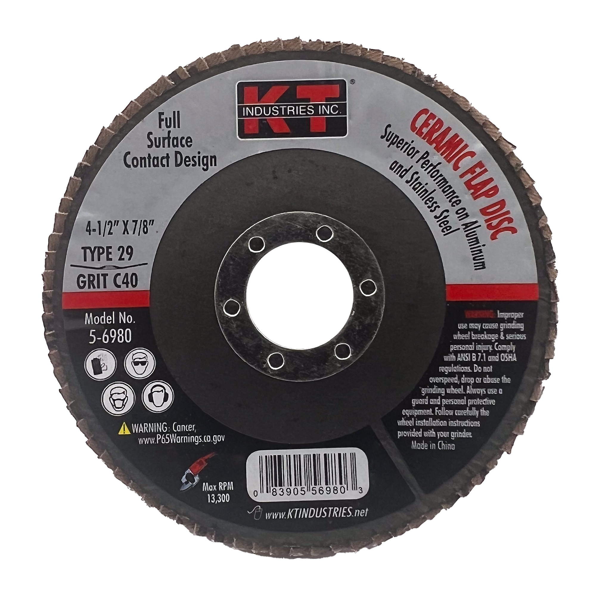 K-T Industries Ceramic Flap Disc — T29, 4 1/2in. x 7/8in., 40 Grit, Model# 5-6980