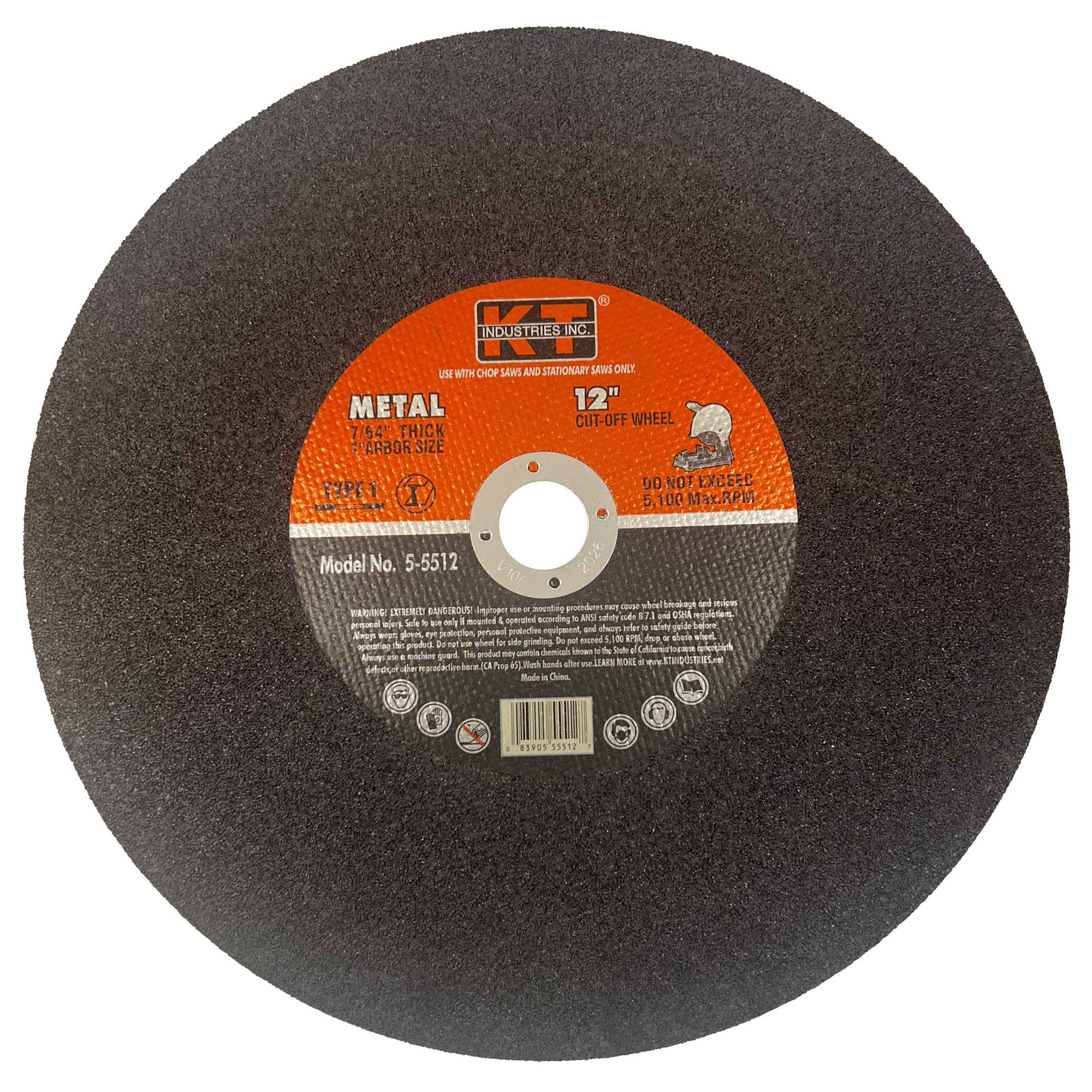 K-T Industries Reinforced Cut Off Wheels — 12in. x 7/64in. x 1in., 5,100 RPM, 5 Pcs, Model# 5-5512