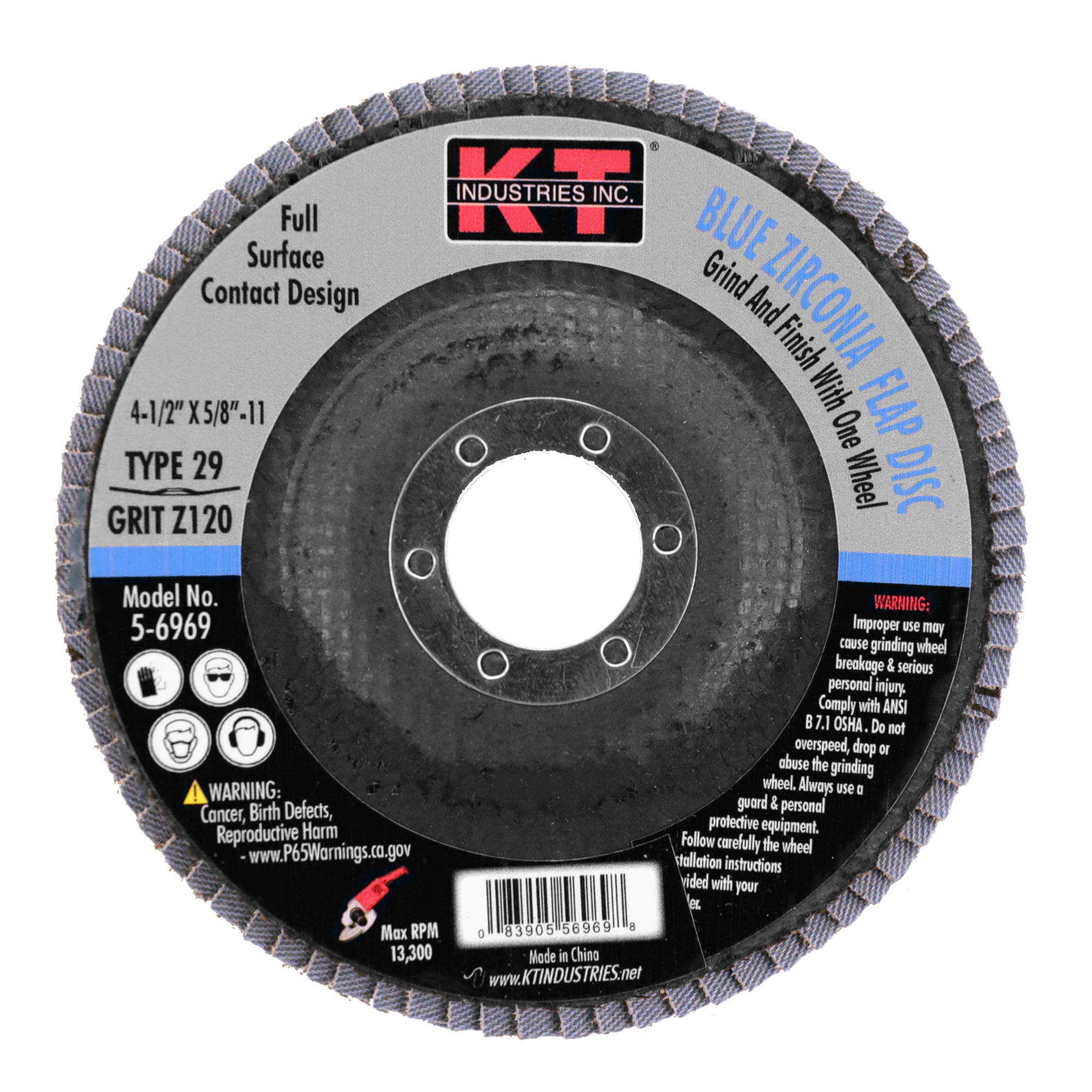 K-T Industries Blue Zirconia Flap Disc — 4.5in. x 5/8in.-11, Type 29, 120 Grit, Model# 5-6969
