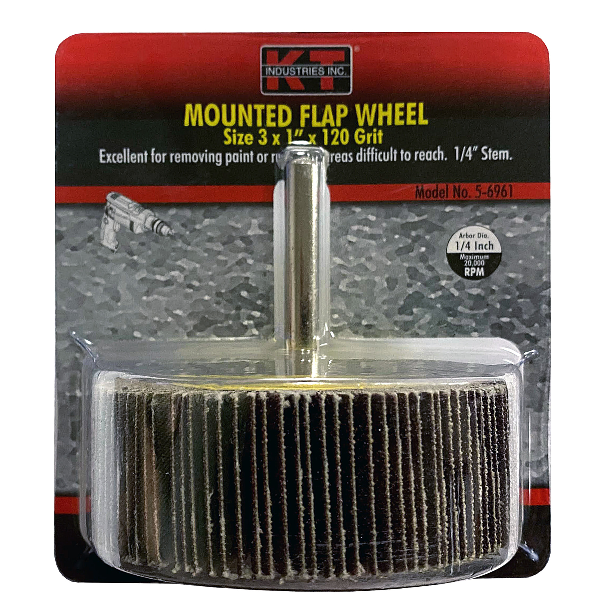 K-T Industries Flap Wheel — 3in. x 1in., 120 Grit, 1/4in. Stem, Model# 5-6961