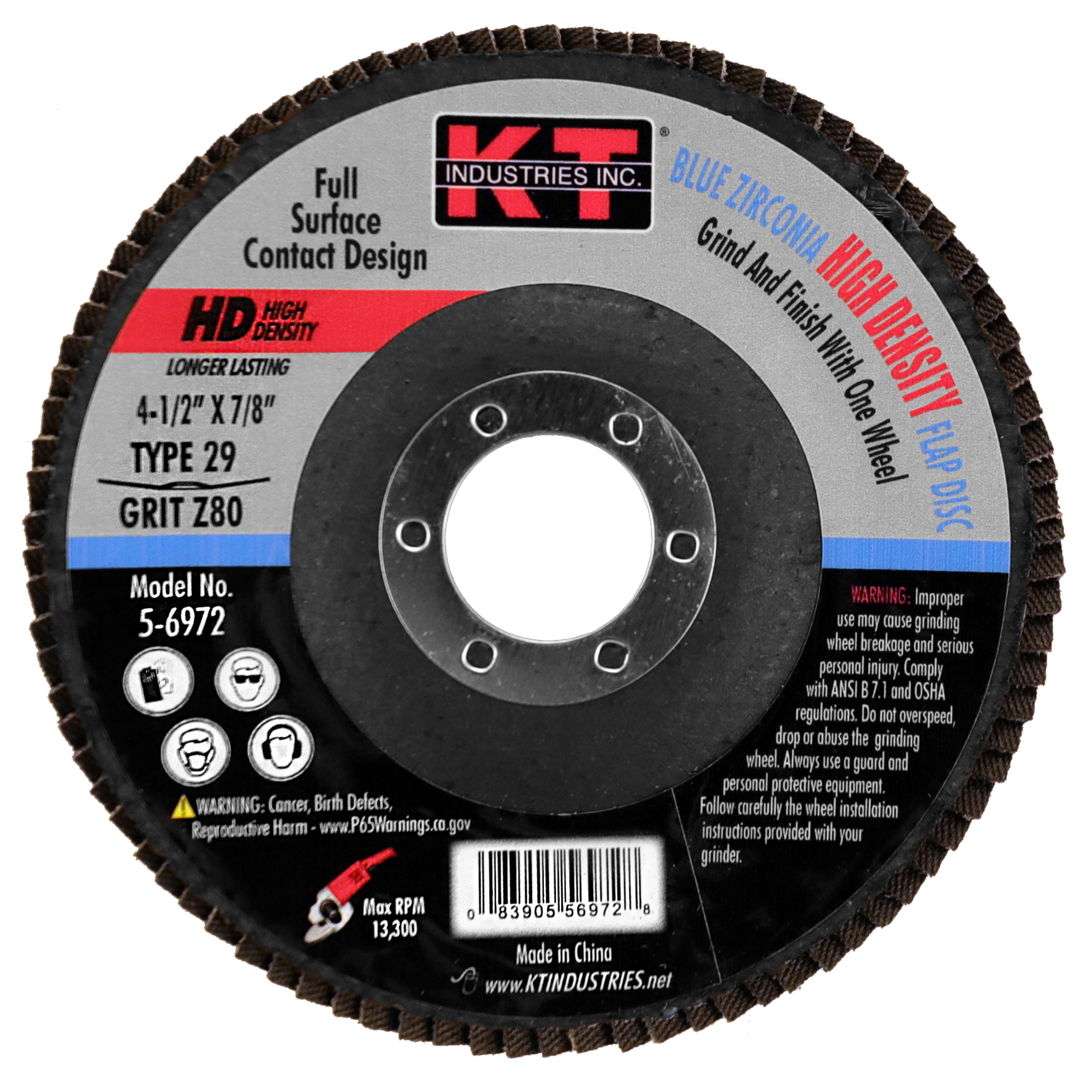 K-T Industries High Density Blue Zirconia Flap Disc — 4.5in. x 7/8in., 80 Grit, Model# 5-6972