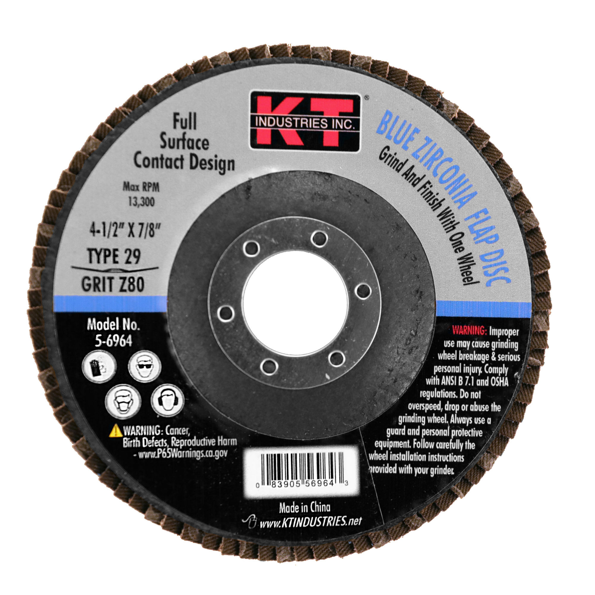 K-T Industries Blue Zirconia Flap Disc — 4.5in. x 7/8in., 80 Grit, 13,000 RPM, Model# 5-6964
