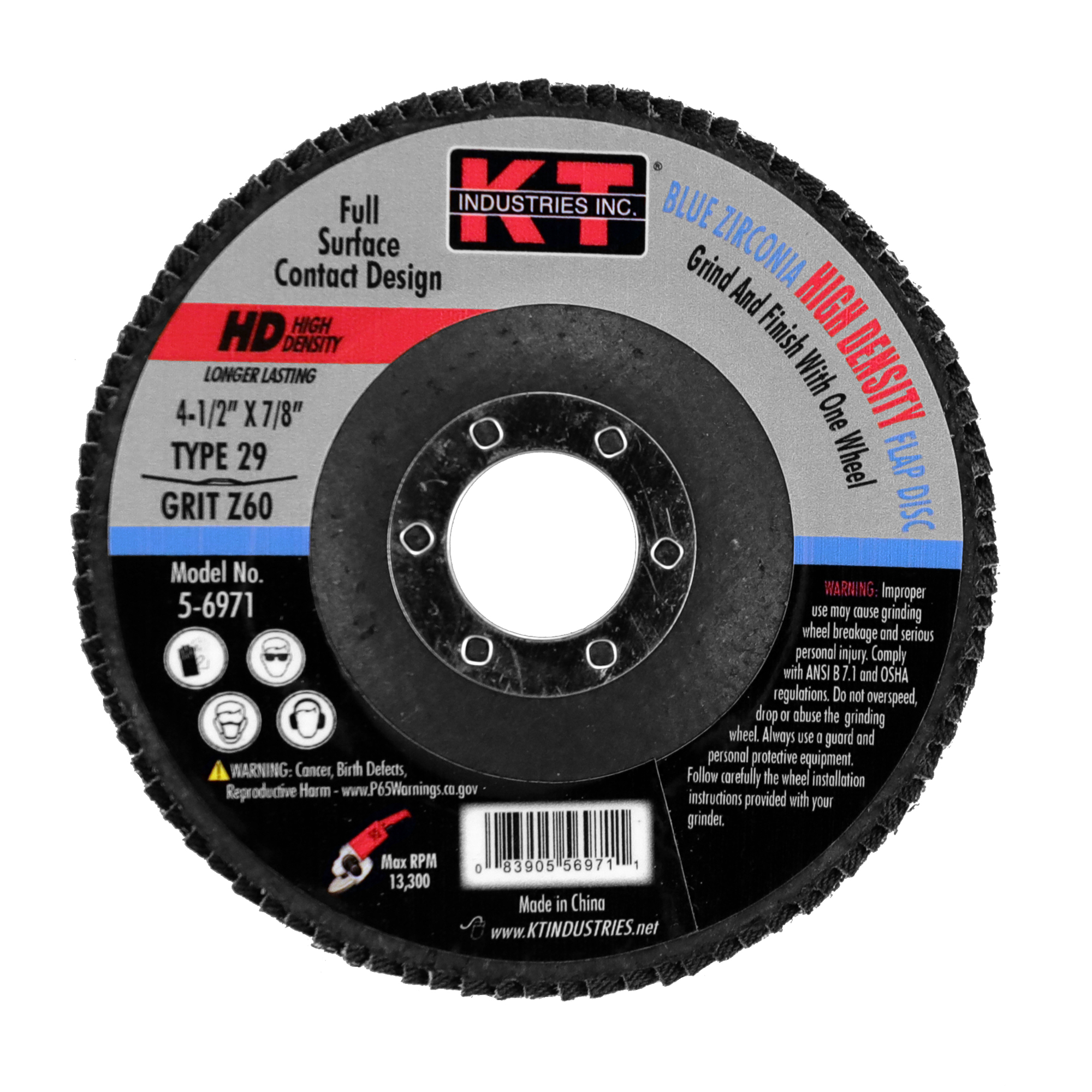 K-T Industries High Density Flap Disc — 4.5in. x 7/8in., 60 Grit, Blue Zirconia, Model# 5-6971