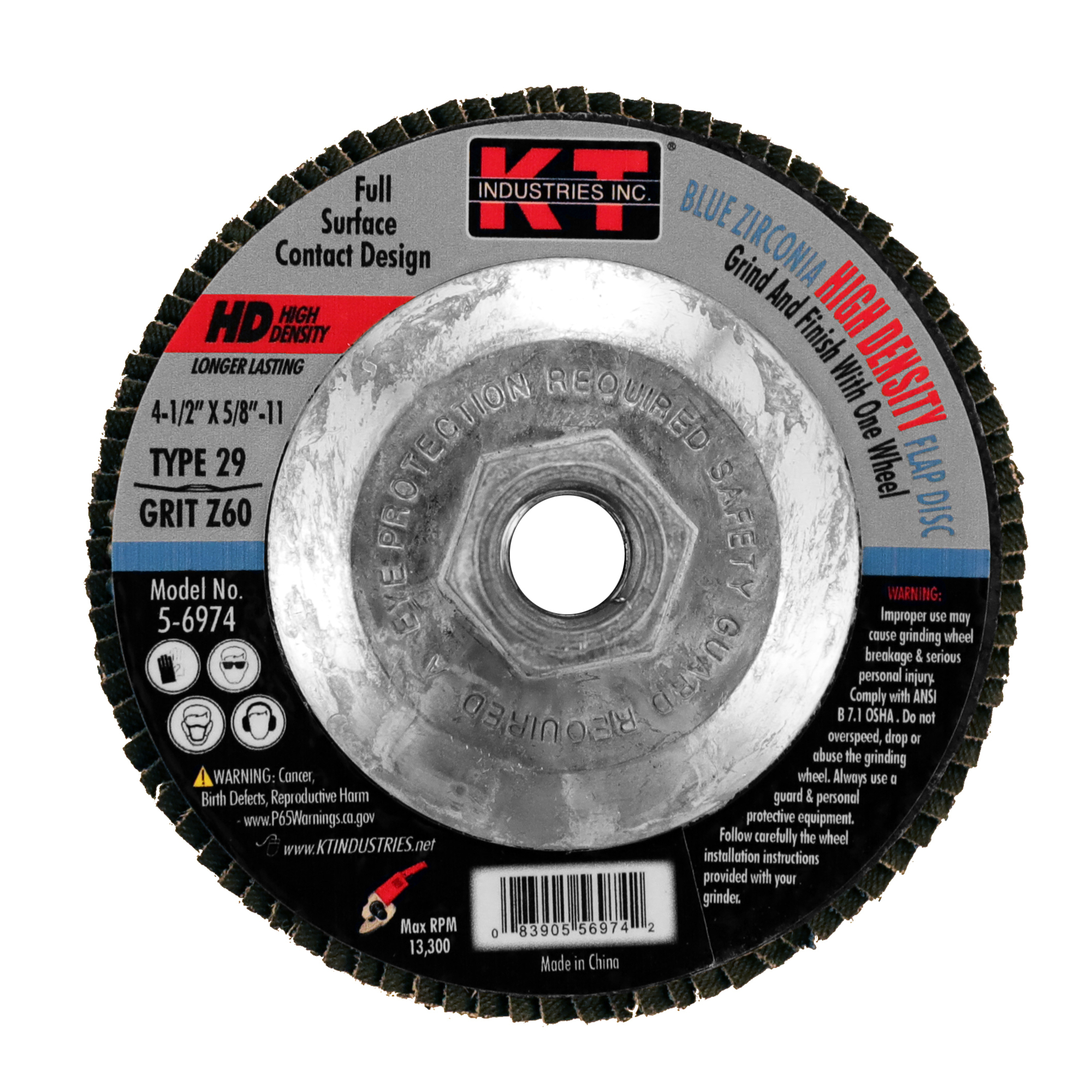 K-T Industries High Density Blue Zirconia Flap Disc — 4 1/2in. x 5/8in.-11, 60 Grit, 13,300 RPM, Model# 5-6974