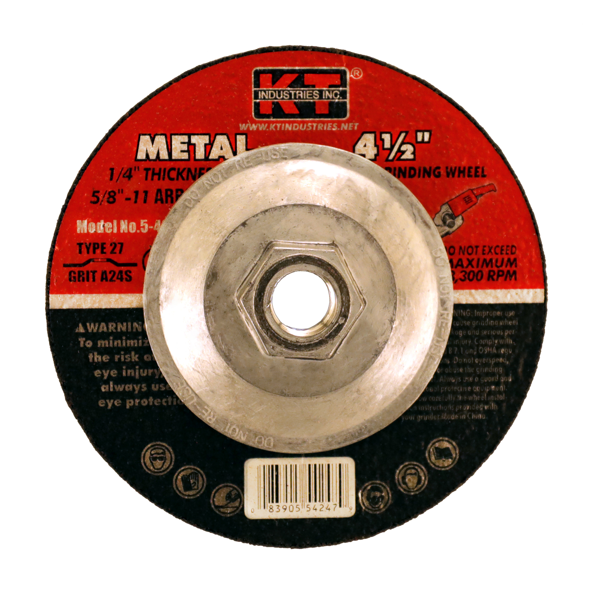 K-T Industries Metal Grinding Wheel — 4 1/2in. x 1/4in. x 5/8in.-11, Type 27, Resin Bond, Pack of 5, Model# 5-4247