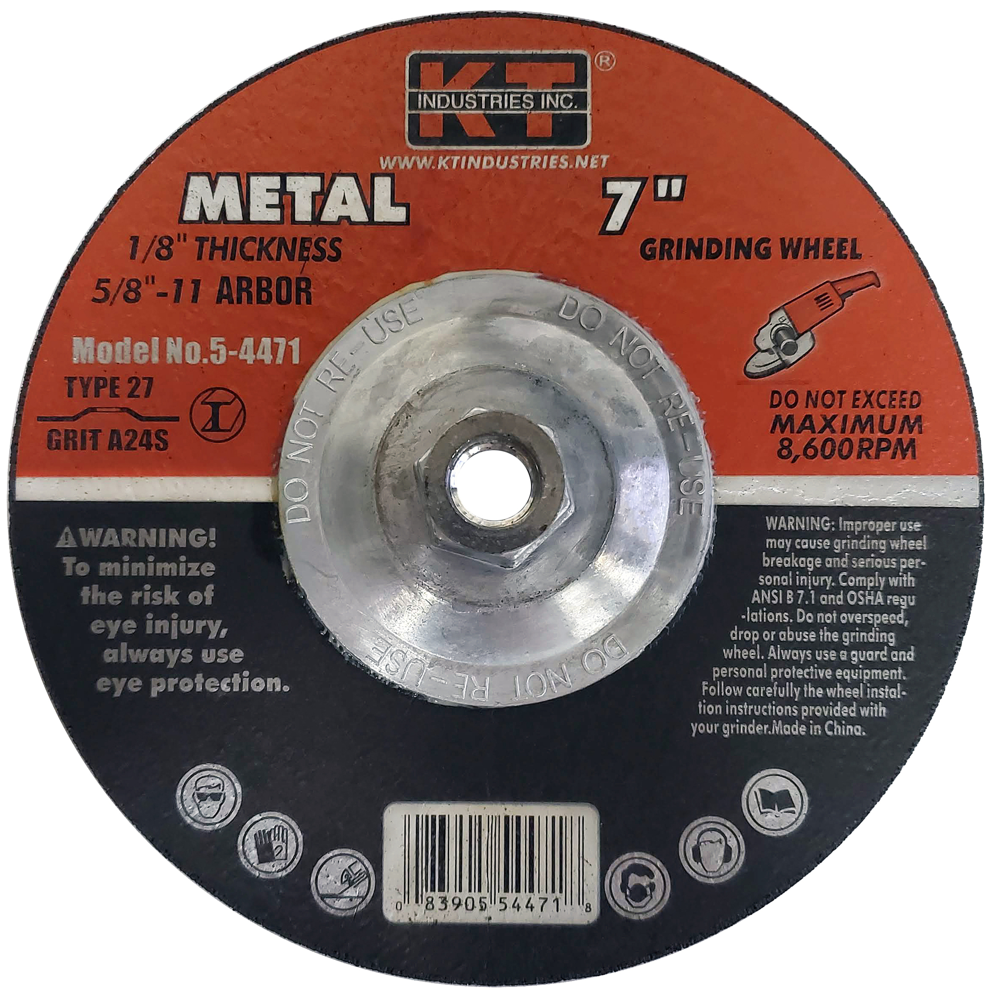 K-T Industries Type 27 Grinding Wheel — 7in. x 1/8in., 5/8in.-11 Arbor, Fiberglass Reinforced, Model# 5-4471